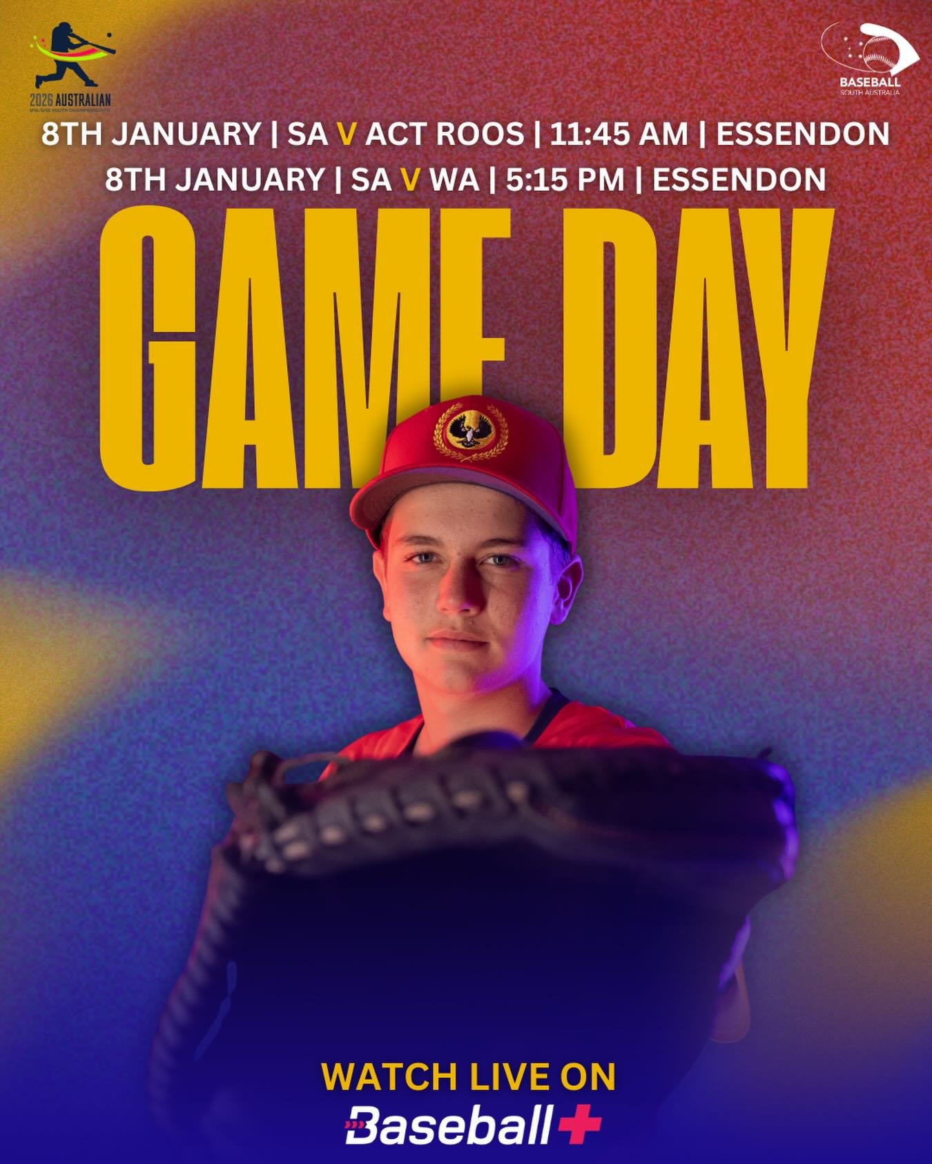 ⚾ GAME DAY 2 &ndash; DOUBLE HEADER 🔥
Our SA U16s are back on the diamond today!

SA vs ACT Roos | 11:45 AM | Essendon
SA vs WA | 5:15 PM | Essendon

Two games. One day. Let&rsquo;s go SA 💪
📺 Watch live on Baseball+ &mdash; link in bio
#AYC #baseba