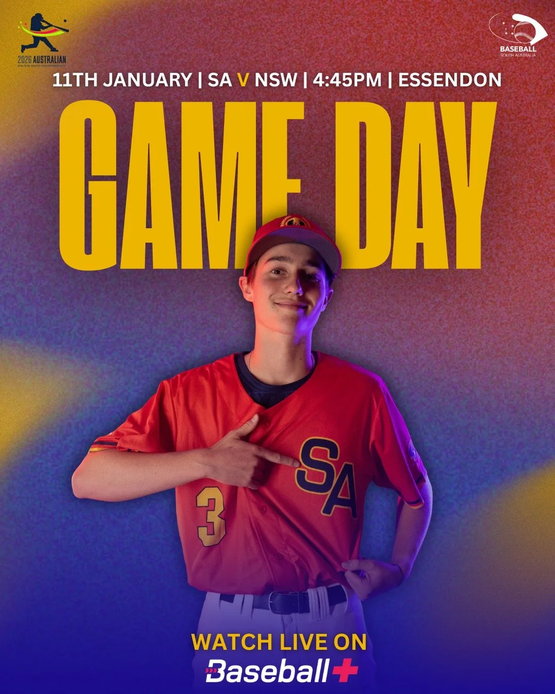 Finals Game Day for our U16s! 🔥
Day 5 | AYC 2026
SA vs NSW
🕟 4:45 PM | 📍 Essendon
Bring the energy, SA! ⚾

#AYC #baseballsa