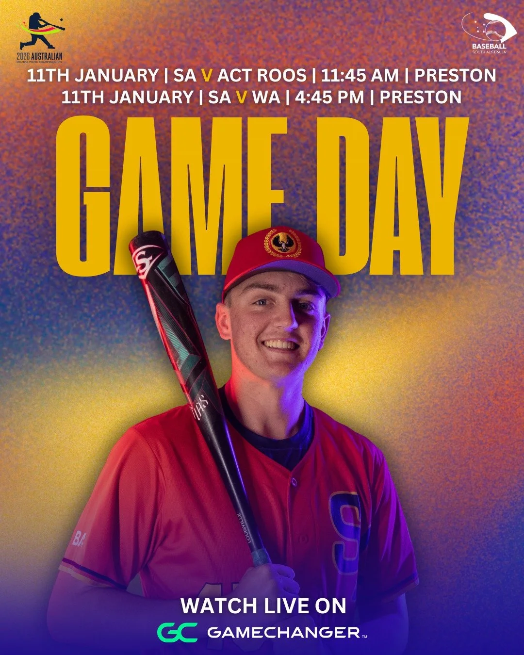 GAME DAY | Day 3 AYC U18s ⚾🔥
Game 1: SA vs ACT Roos | 11:45 AM | Preston
Game 2: SA vs WA | 4:45 PM | Preston
Two big games, one big day &mdash; let&rsquo;s go SA!

#AYC #baseballsa