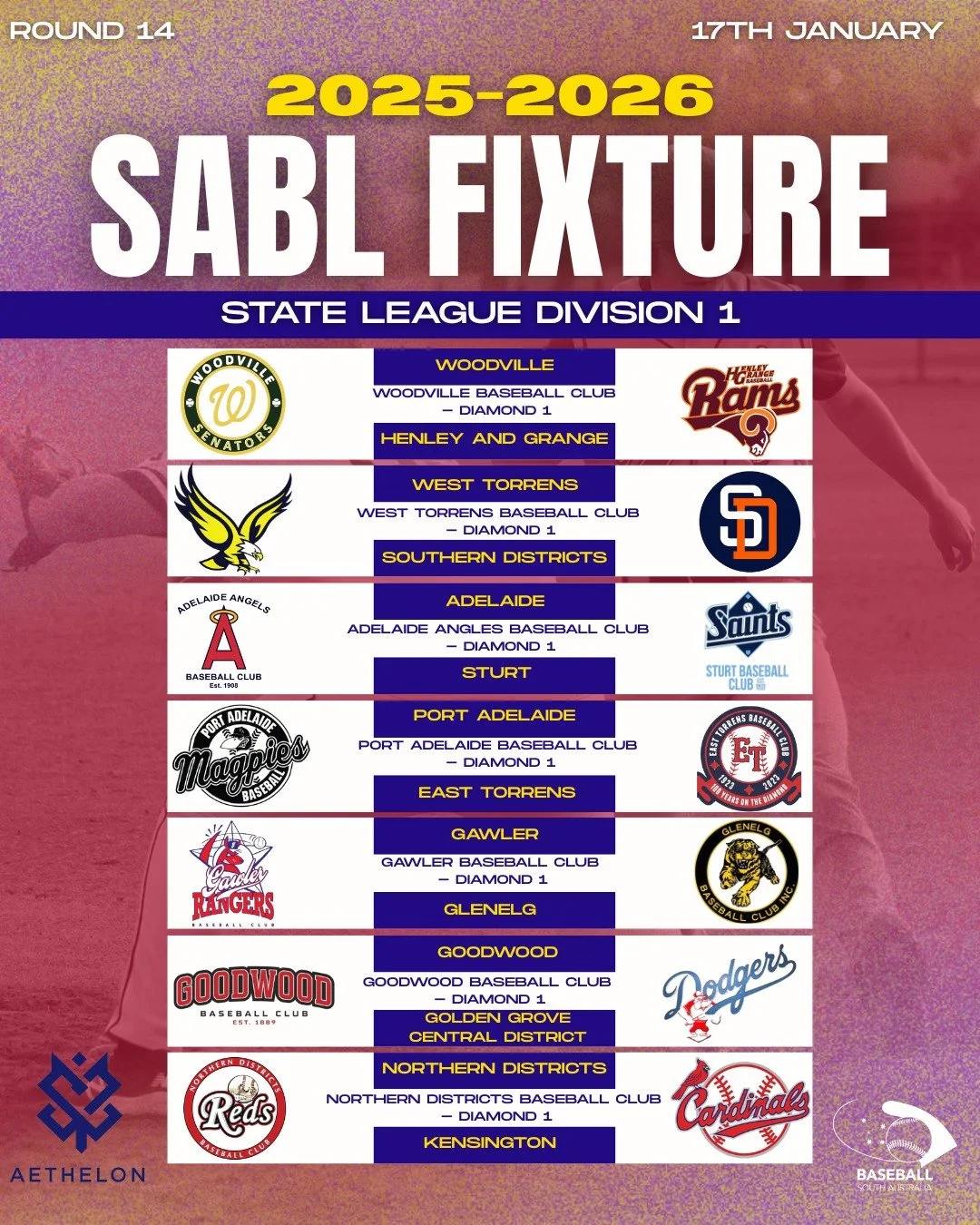 ⚾ ROUND 14 FIXTURES &ndash; SABL AETHELON STATE LEAGUE DIVISION 1 ⚾

It&rsquo;s another big week of baseball action! 💥
Game 1 kicks off this Saturday, 17TH JANUARY, followed by exciting twilight matchups on Tuesday, 20TH JANUARY 🌅🔥