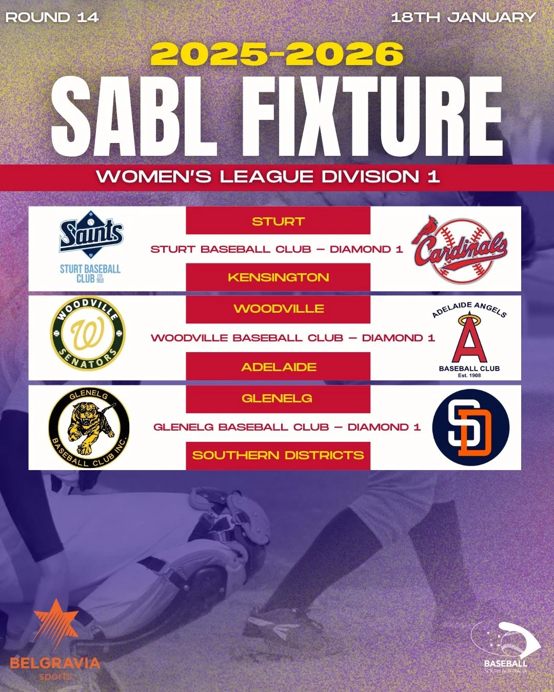 ⚾ ROUND 14 FIXTURES&ndash; SABL BELGRAVIA APPAREL WOMEN&rsquo;S LEAGUE DIVISION 1

Another action-packed weekend on the diamond 💪🔥

#BaseballSA #SABL