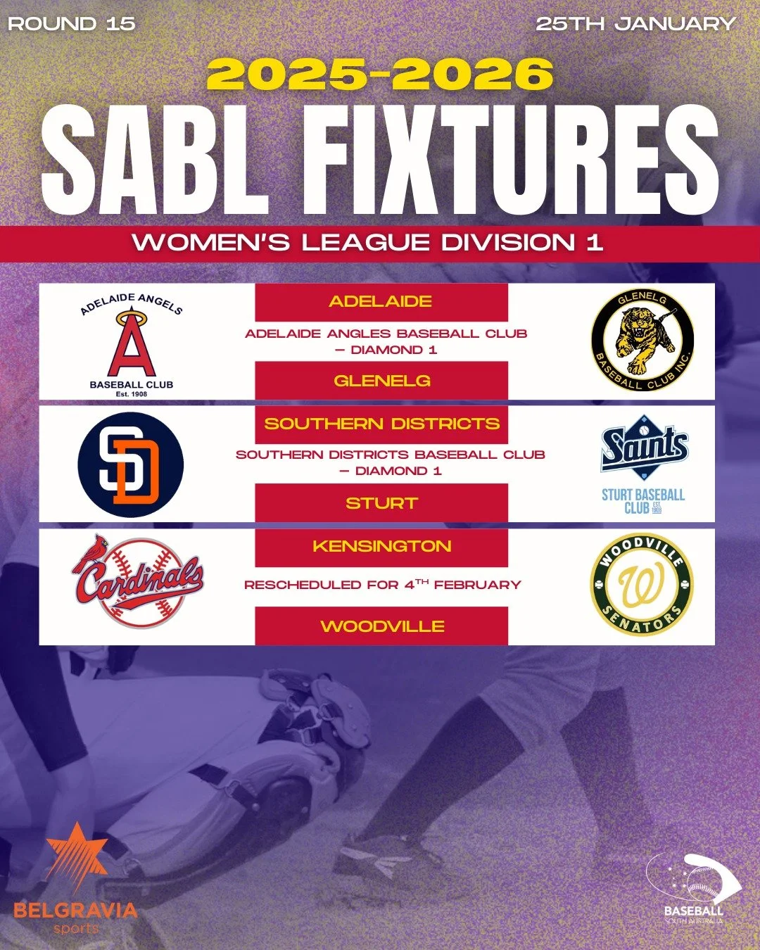 Round 15 loading&hellip; ⚾🔥
Another big week ahead in the SABL Belgravia Apparel Women&rsquo;s League Division 1 as teams gear up for key matchups.

🔁 Fixture update: Kensington vs Woodville has been rescheduled to 4 February.

Stay tuned and don&r
