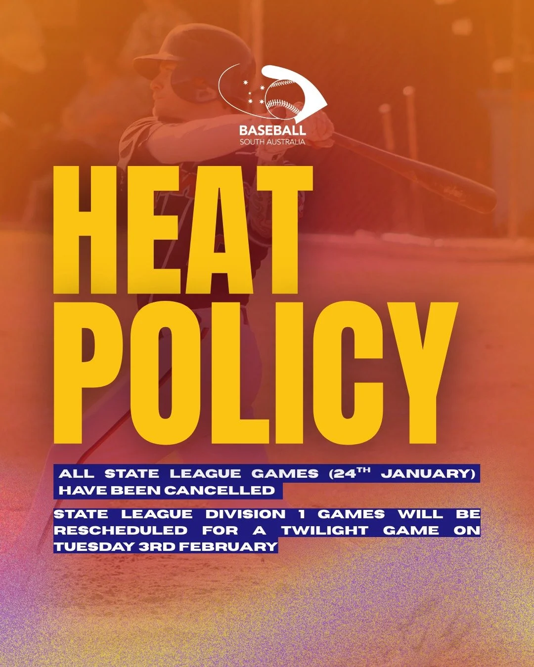 🚨 Match Update &ndash; Heat Policy 🚨

Due to the Head Policy, all SABL State League games scheduled for Saturday 24th  January have been cancelled.

👉 State League Division 1 games will be rescheduled and played as twilight fixtures on Tuesday 3 F