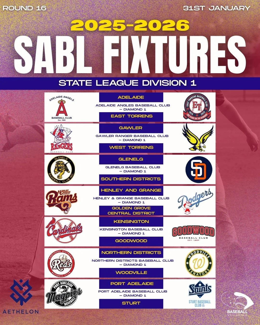 ⚾ ROUND 16 FIXTURES &ndash; SABL AETHELON STATE LEAGUE DIVISION 1 💥
Another big week of baseball is here! Plus, don&rsquo;t miss the Round 15 make-up games happening Tuesday, 3RD February 

#SABL #baseballsaturday⚾️