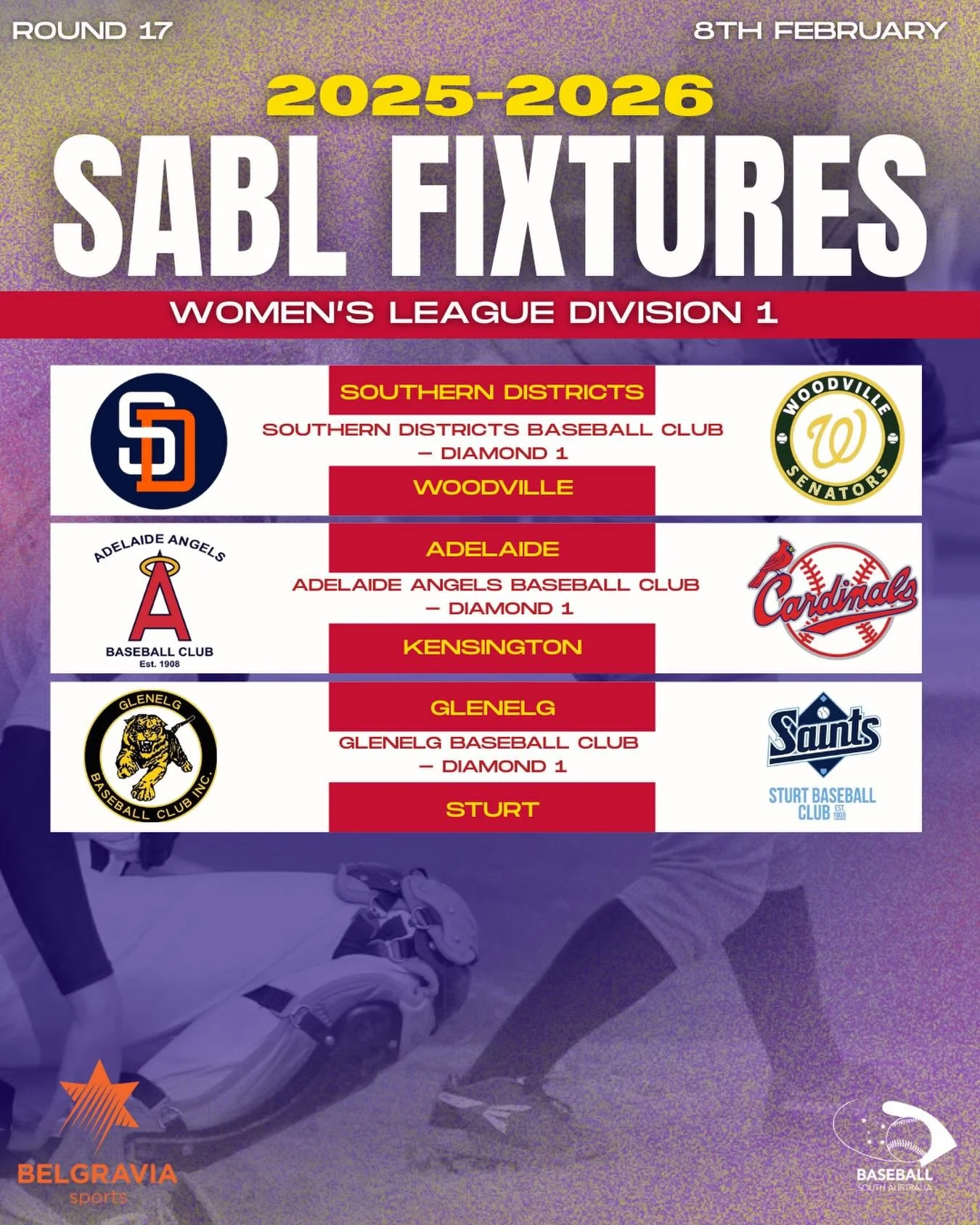 Round 17 loading&hellip; ⚾🔥
Another big week ahead in the SABL Belgravia Apparel Women&rsquo;s League Division 1 as teams gear up for key matchups.

Stay tuned and don&rsquo;t miss a pitch 👀

#SABL #BelgraviaApparel #WomensLeague #Division1
