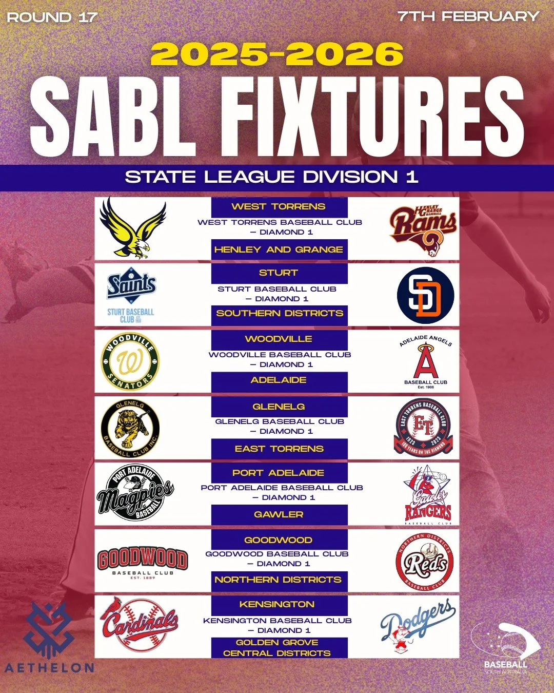 ⚾🔥 ROUND 17 | SABL AETHELON STATE LEAGUE DIVISION 1

It&rsquo;s a double-header weekend in Round 17!
🕑 Game 1: 2:00pm
🕟 Game 2: 4:30pm onwards

Plenty of baseball, big matchups, and great action across the diamonds. Make sure you&rsquo;re there an