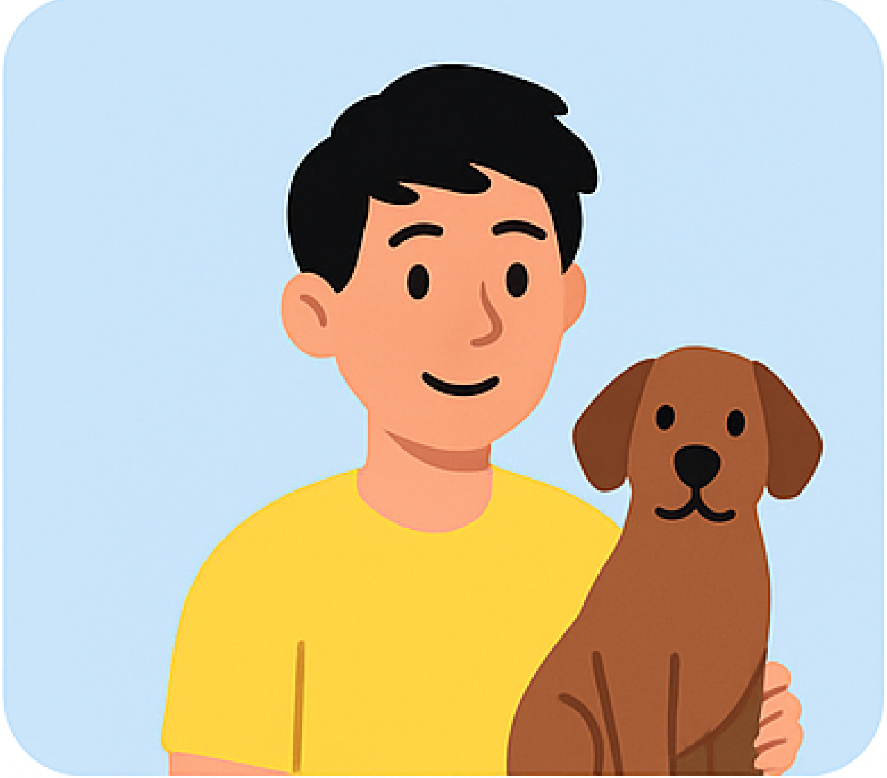 Illustration eines lachenden Mannes mit schwarzem Haar, der einen braunen Hund hält, vor blauem Hintergrund.