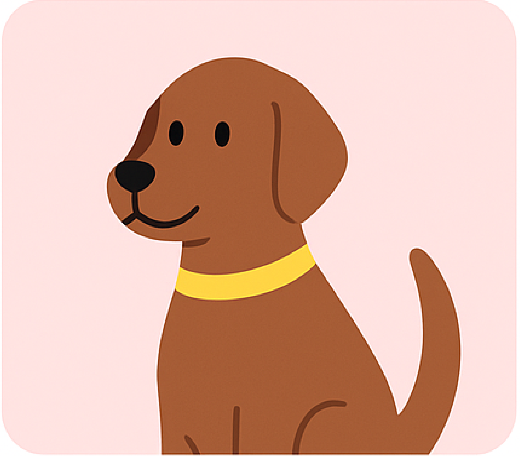 Illustration eines braunen Hundes mit gelbem Halsband auf hellem rosa Hintergrund.