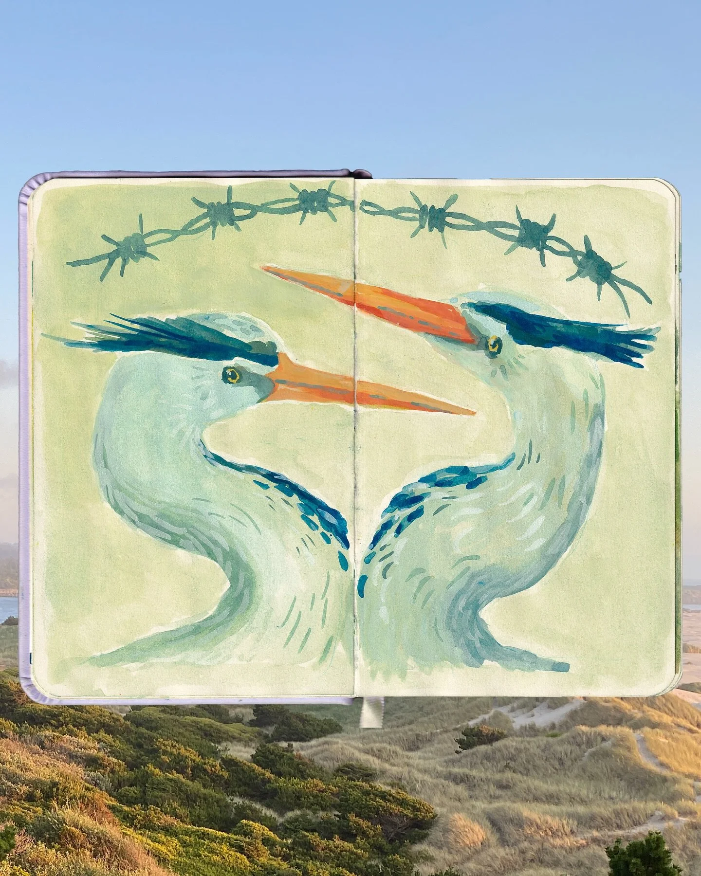 Finally getting around to scanning everything in my sketchbook from this summer :-) I painted this in July while sitting at the park with some friends. The background is from a trip to the Oregon coast a few weeks later. 

PS go listen to the new Hay