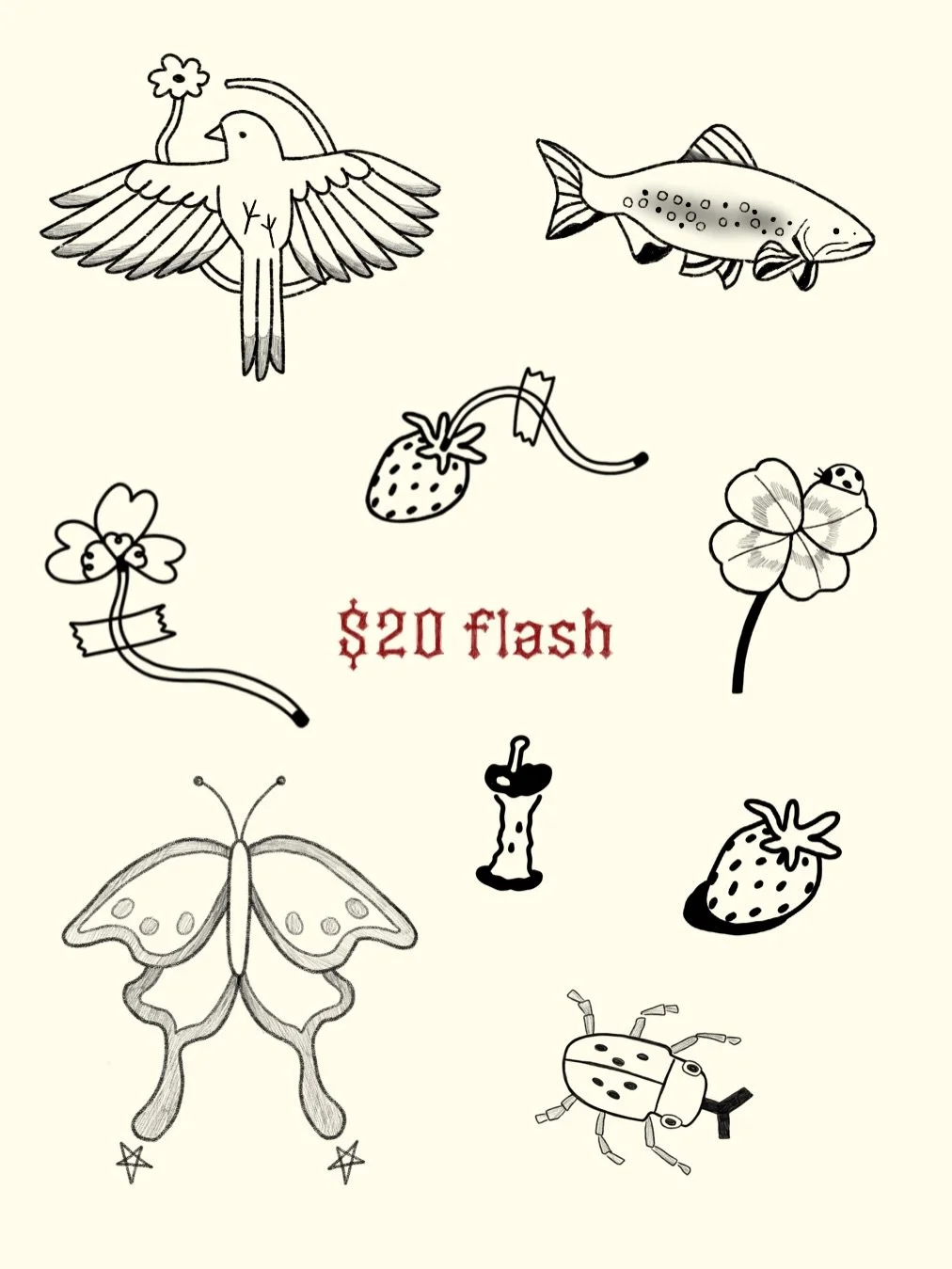 I&rsquo;m offering beginner rate $20 tattoos on January 6th and 13th (Tuesdays). Everything on this post is available for $20, dm me if you&rsquo;re interested! (๑ᵔ⤙ᵔ๑)

I&rsquo;ll be tattooing at @strawberrymoon.collective in the @churchandstate1893