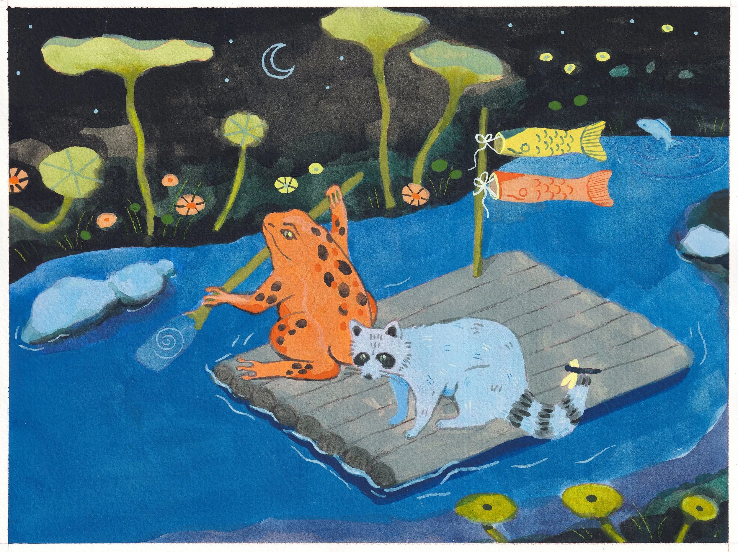 Easily one of the most fun painting commissions I&rsquo;ve done :-) My favorite details are the dragonfly on the tail of the raccoon and the koinobori (japanese carp flags/windsocks) 

for the curious, this was the prompt I was given: 

&ldquo;a pain