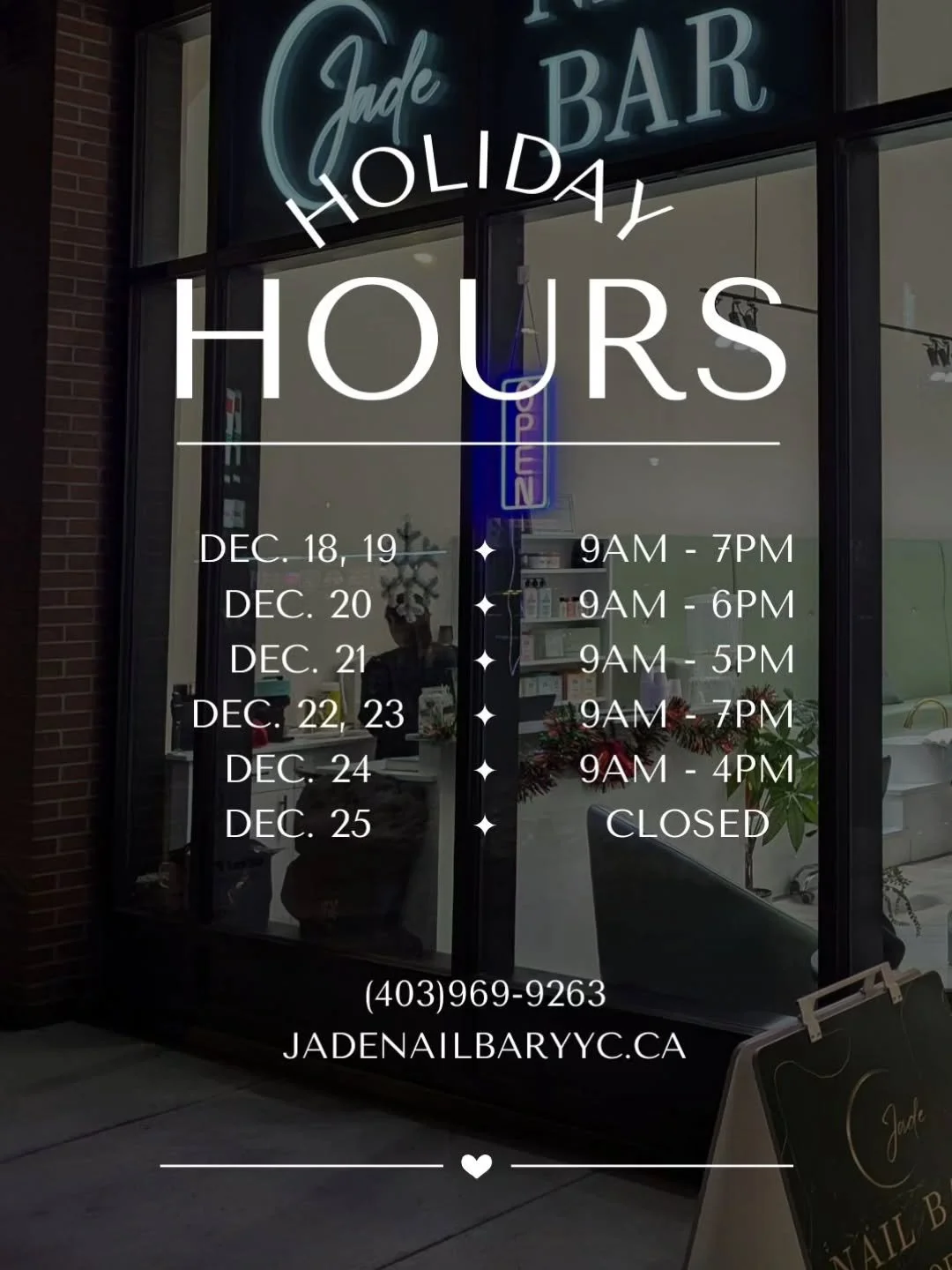 Holiday Hours Update! ✨

From Dec. 18-24, we'll be opening earlier at 9AM to give you more availability to get holiday-ready! 🎄❤️

On Christmas Eve, we'll be closing early at 4PM.

On Christmas Day, we'll be closed the whole day.

Call (403)969-9263