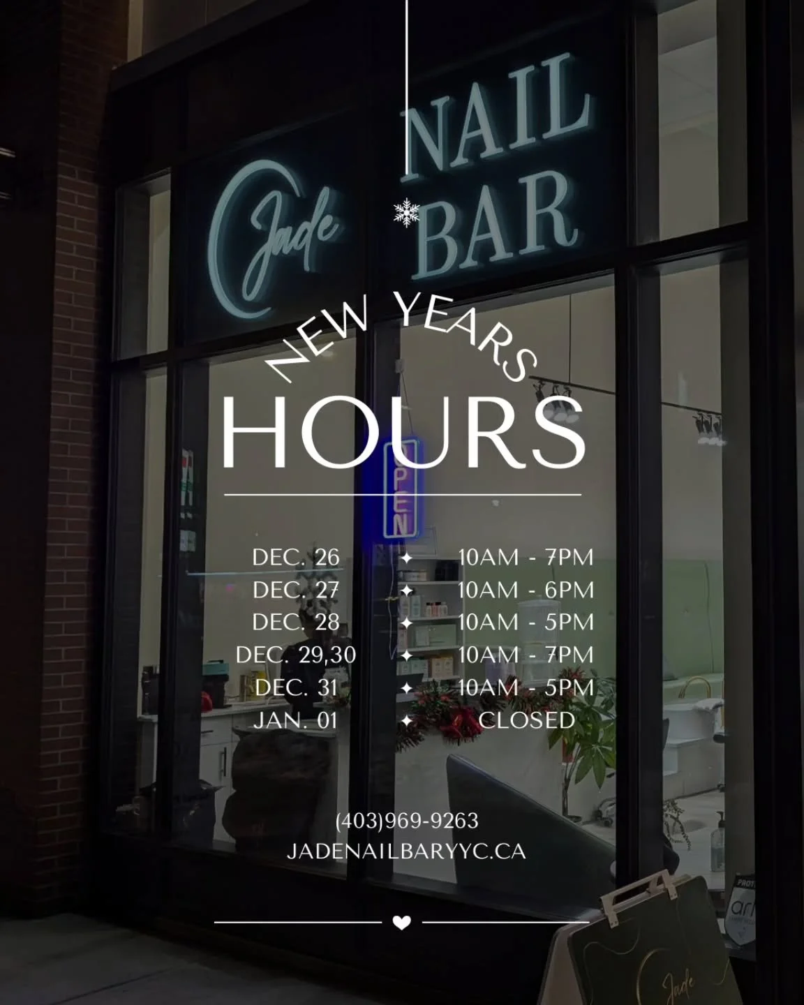 Here's our updated hours leading up till the New Years! &hearts;️✨

Call (403)969-9263 or book online through the link in our bio!

#yycnails #yycnailsalon #yycnailtech