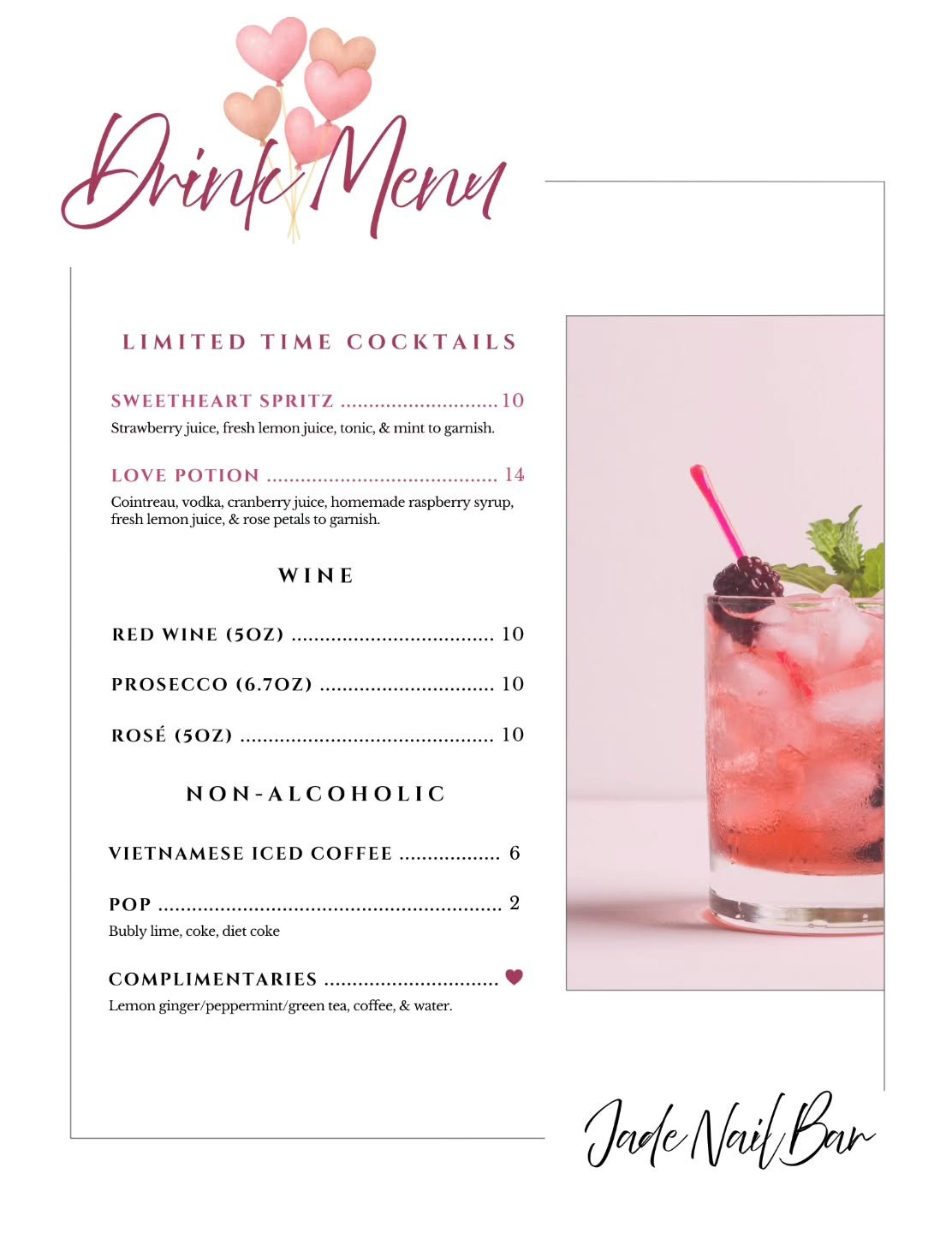 Warning: may cause instant Valentine's feelings 💘.

Introducing our limited-time drink menu, available for the whole month of February:

🍓 Sweetheart Spritz &ndash; strawberry-forward, light, and delicately bubbly.
&hearts;️ Love Potion &ndash; a r