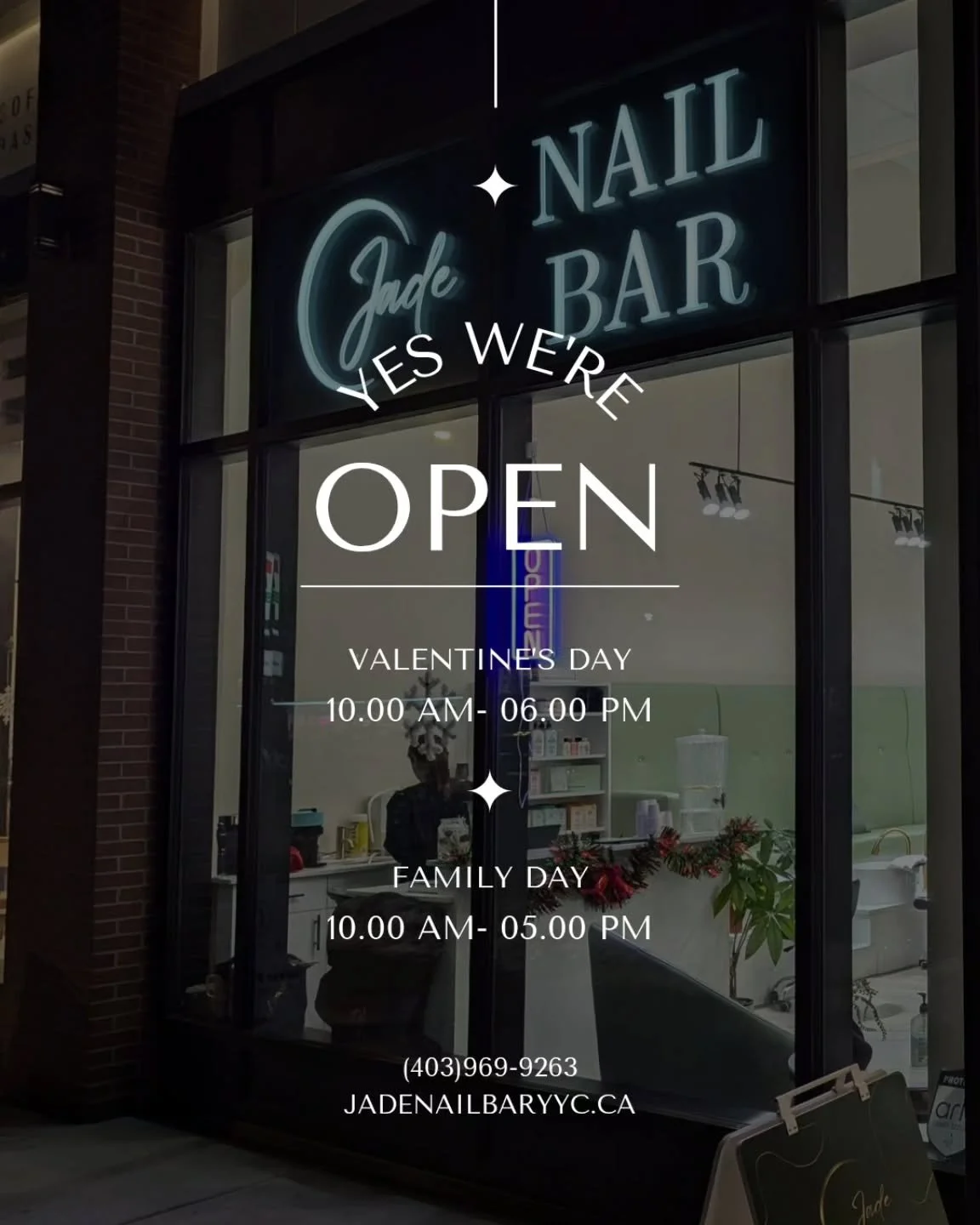Here are our hours for the holiday weekend:

💌 Valentine's Day: 10-6
🧑&zwj;🧑&zwj;🧒 Family Day: 10-5

Book your spot early to treat yourself or someone special ✨&hearts;️.

📍 Jade Nail Bar / 729 1 Ave NE, Calgary, AB, T2E 0B8
📞 403-969-9263
🌐 J
