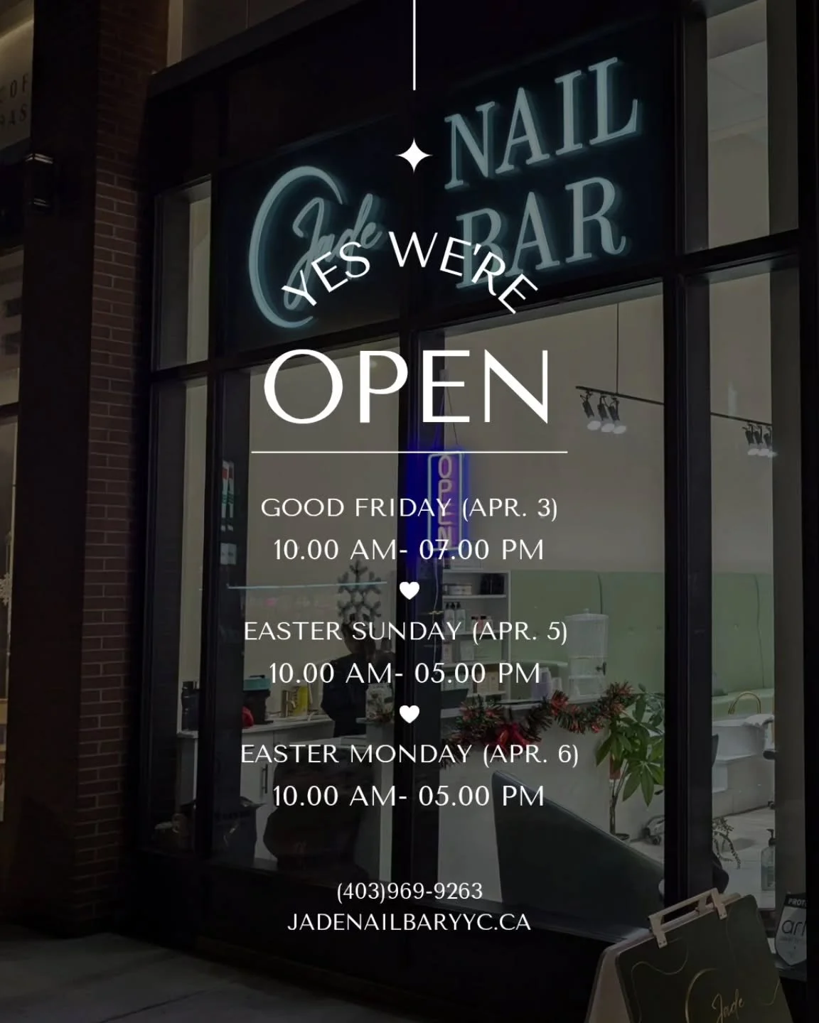 ✨🐣 April Holiday Hours Update 🐣✨

We'll be open for all your nail needs this long weekend!

💚 Good Friday (Apr. 3): 10AM &ndash; 7PM
💜 Easter Sunday (Apr. 5): 10AM &ndash; 5PM
💙 Easter Monday (Apr. 6): 10AM &ndash; 5PM

Book your spot early and 