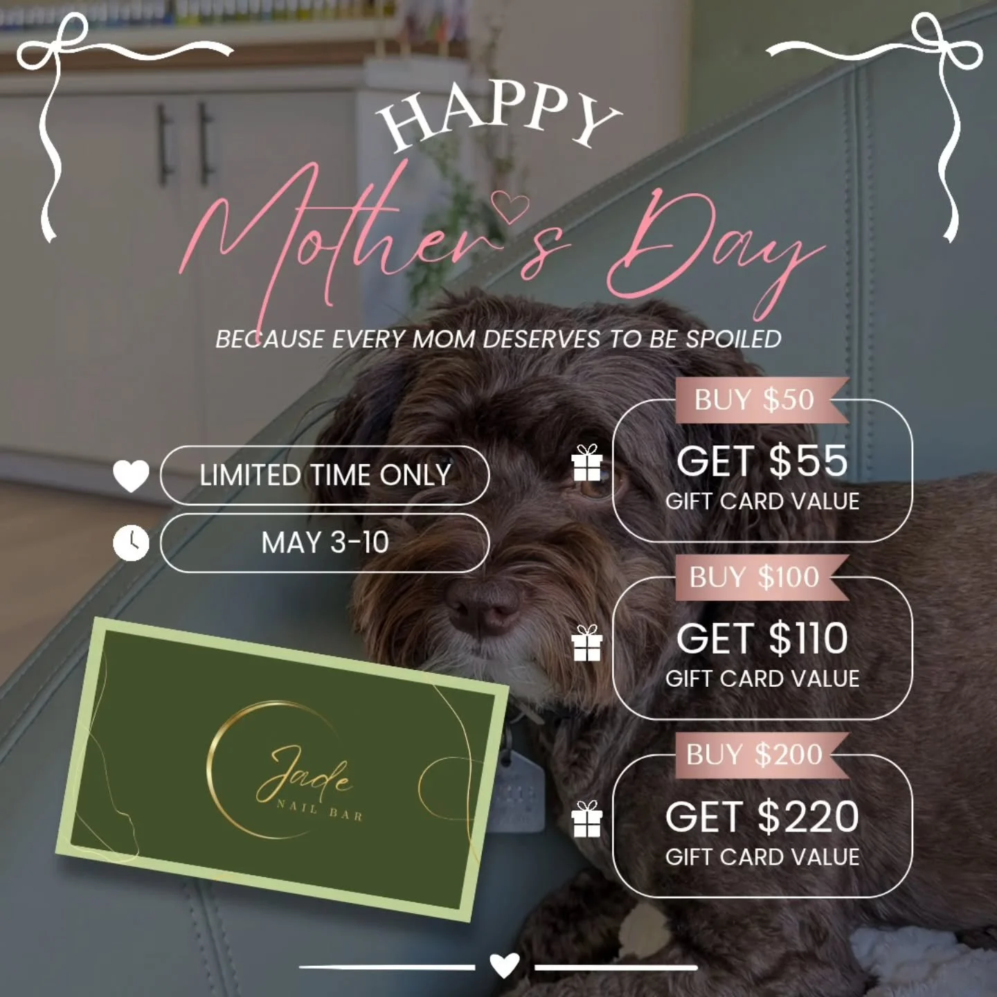 Celebrate Mom the way she deserves 💖💐

Our Mother's Day Gift Card Promo is here:
&bull; Buy $50 &mdash;> Get $55 value
&bull; Buy $100 &mdash;> Get $110 value
&bull; Buy $200 &mdash;> Get $220 value

The perfect gift for a little luxury an