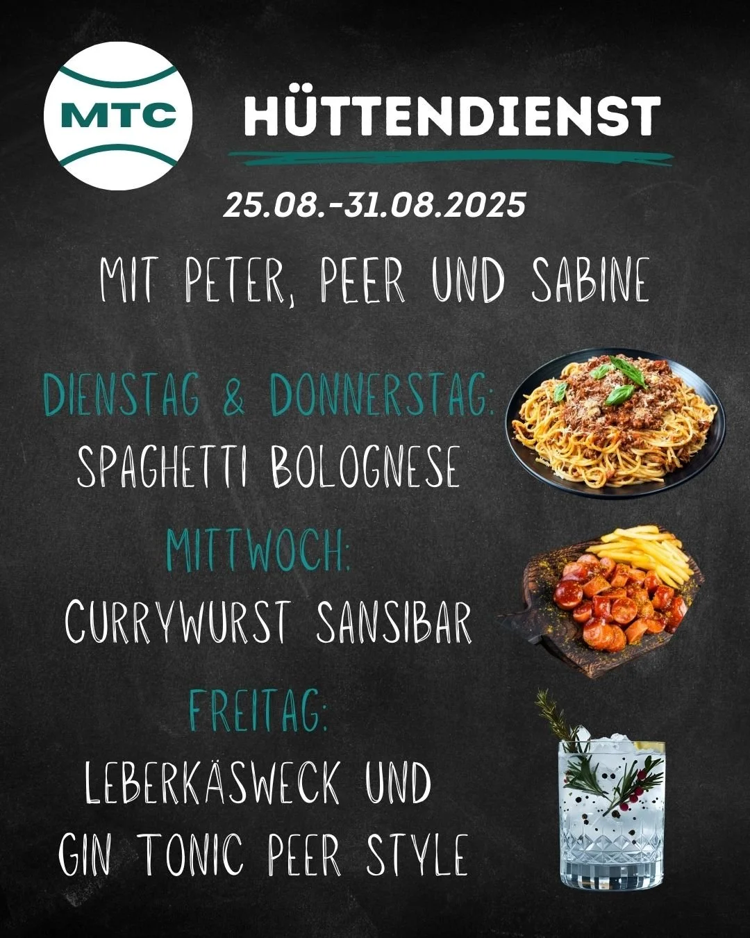 Diese Woche H&uuml;ttendienst mit Peter, Peer und als Special Guest am Freitag Sabine!

Freut euch auf leckeres Essen und genie&szlig;t noch einmal die Sommersonne mit einem k&uuml;hlen Getr&auml;nk auf unserer tollen Terrasse. 🌞😎🍝🍹

#messel 
#te