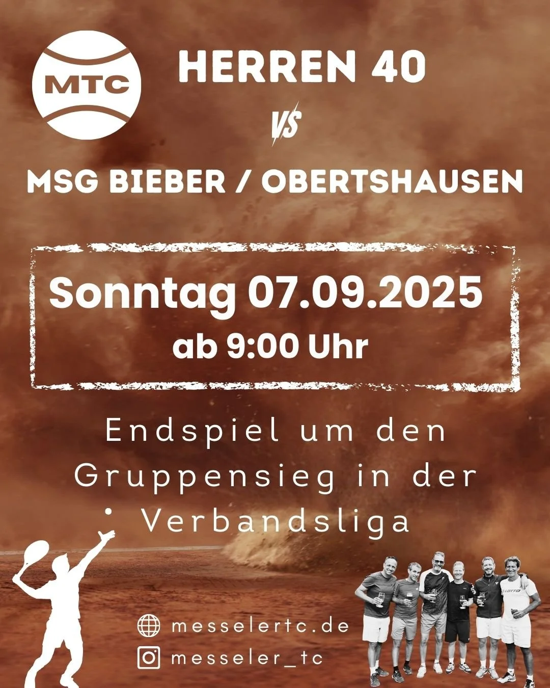 Am kommenden Sonntag, den 07.09.2025 ab 9 Uhr wird es spannend!

Als Tabellenzweiter der Verbandsliga empfangen unsere Messeler Herren 40 den Spitzenreiter aus Bieber/Obertshausen.

Beide Teams sind bisher ungeschlagen.

Der Sieger nimmt an der Aufst