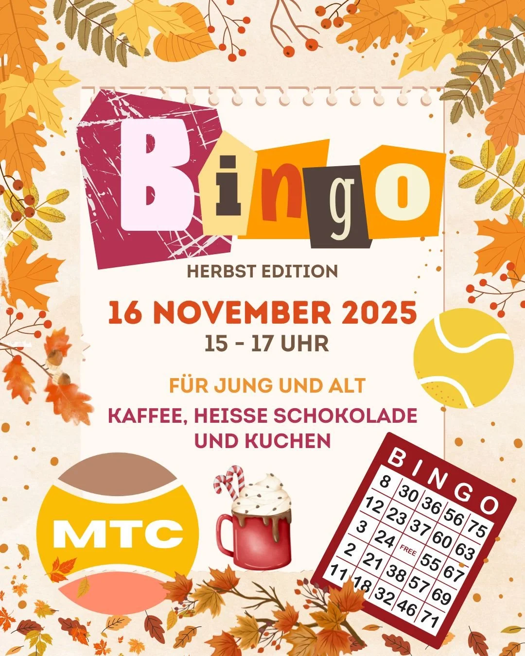 🎉 Bingo kommt zur&uuml;ck zum MTC! 

Auf vielfachen Wunsch wiederholen wir unser beliebtes Bingo-Event &ndash; und laden euch herzlich zu einem gem&uuml;tlichen Sonntag Nachmittag im Clubheim ein!

Ob jung oder alt, Mitglied oder Gast &ndash; beim B