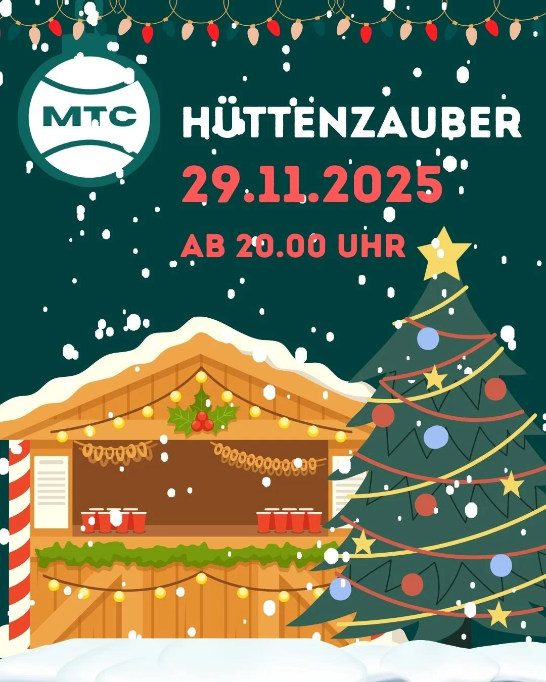 Liebe Mitglieder, liebe Messeler,

wie jedes Jahr nach dem Messeler Weihnachtsmarkt laden wir in unsere zauberhafte Holzh&uuml;tte im MTC-Clubheim ein und veranstalten unseren legend&auml;ren H&uuml;ttenzauber.

Gastgeber sind dieses Jahr wieder unse