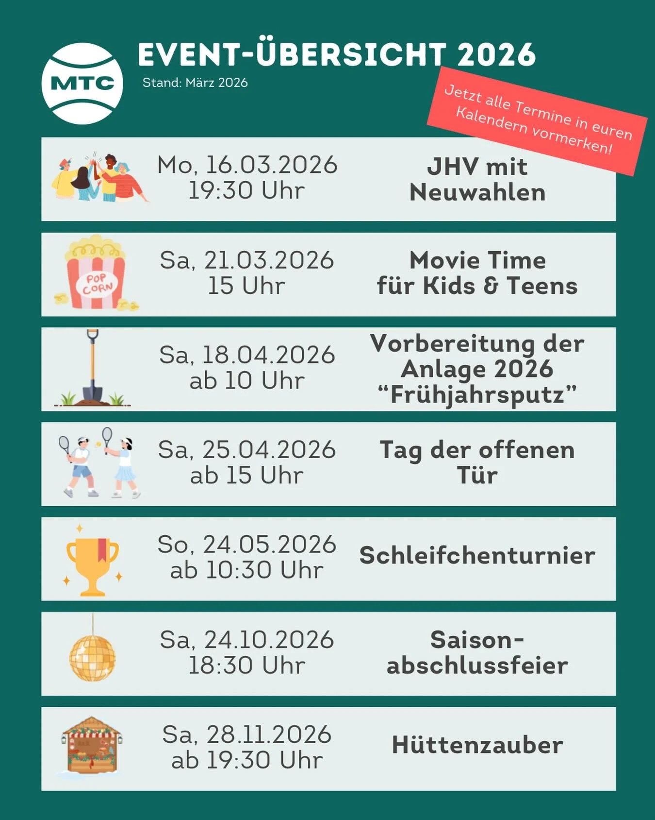 🎾 Der Rahmenterminplan f&uuml;r unsere Events 2026 steht!
Von der Jahreshauptversammlung &uuml;ber den Tag der offenen T&uuml;r bis hin zu unserem legend&auml;ren H&uuml;ttenzauber &ndash; wir haben wieder tolle Events und Vereinstermine f&uuml;r un