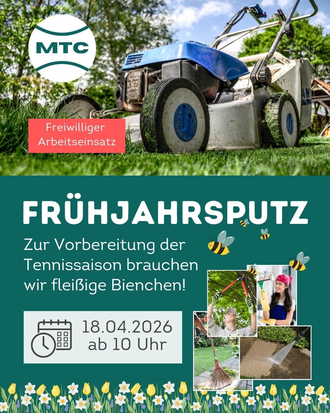 Pack mit an, wenn wir gemeinsam die Anlage und das Clubheim f&uuml;r die Sommersaison 2026 fit machen! 💪

Was steht an?

- Vorbereitung der Pl&auml;tze f&uuml;r die kommende Saison

- Pflege der Au&szlig;enanlagen

- Aufr&auml;umarbeiten

- Putzarbe