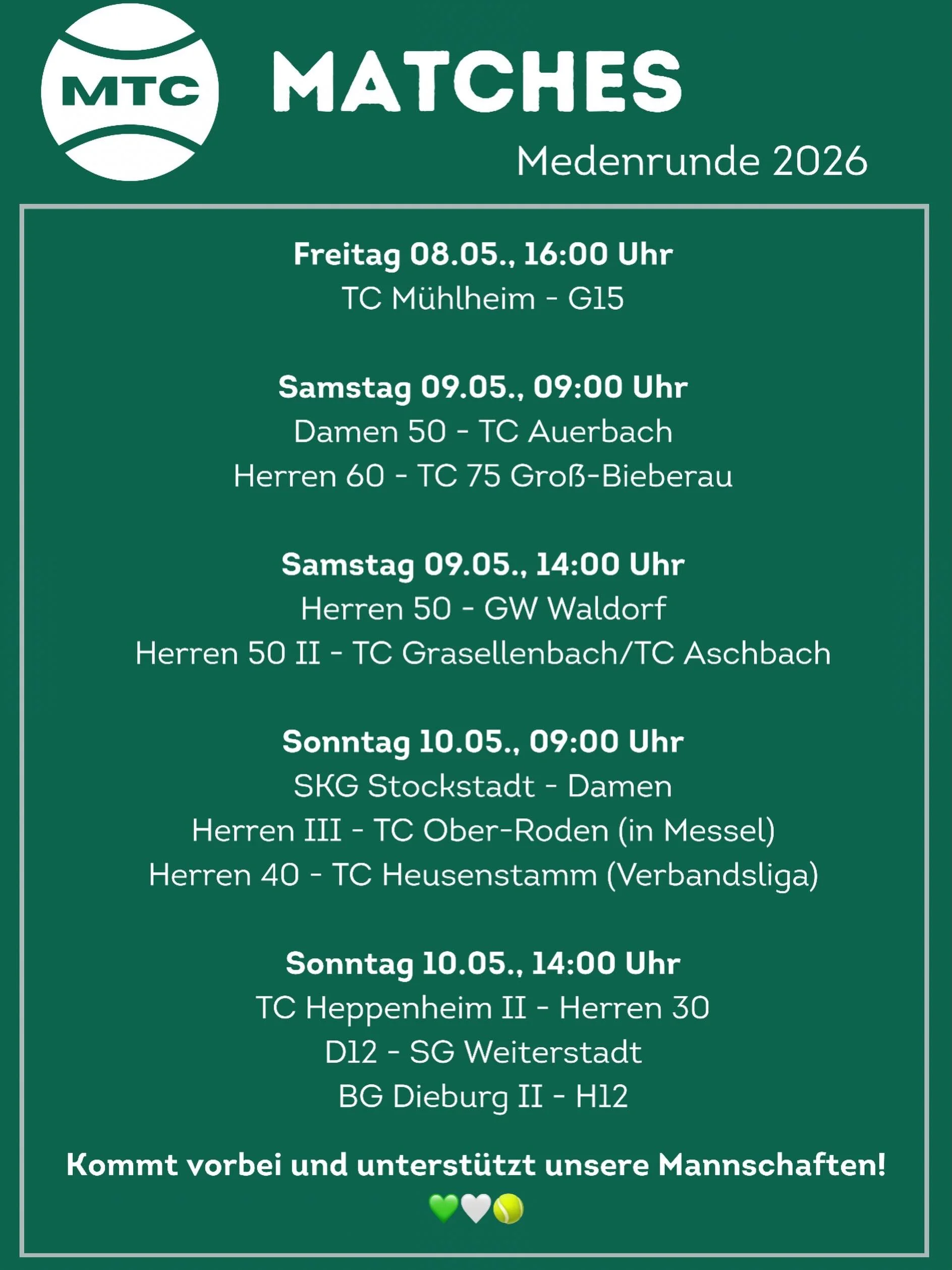 Es geht los - wir sind bereit f&uuml;r die Sommersaison 2026! 💚🤍🎾☀️
Wir w&uuml;nschen allen Mannschaften maximale Erfolge und vor allem viel Spa&szlig; auf dem Platz! 
#messelertc #messel #tennisliebe #lebeninmessel