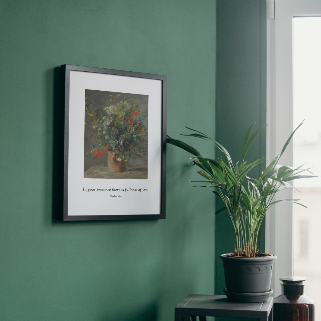Framed Christian wall art featuring Psalm 16:11 “In your presence is fullness of joy” with classical floral still-life painting, Scripture fine art print for home decor