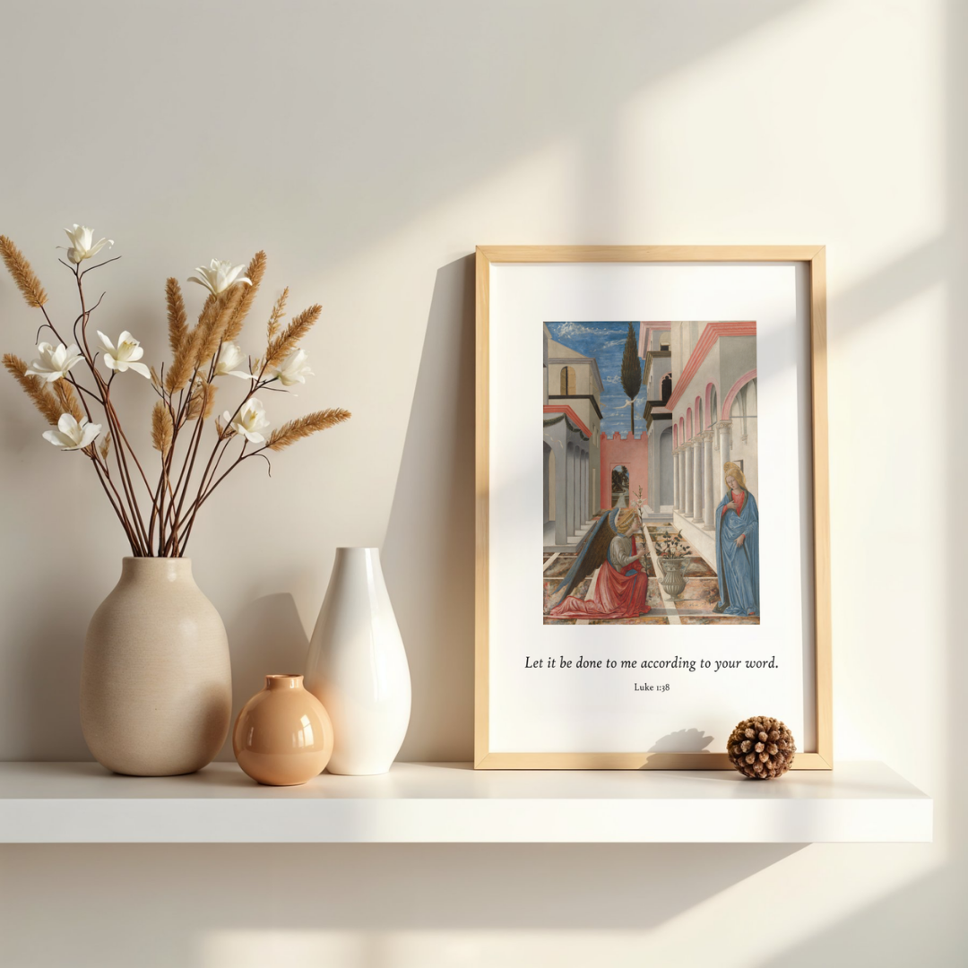 Catholic Annunciation fine art print showing the Angel Gabriel appearing to the Virgin Mary with Luke 1:38 scripture, “Let it be done to me according to your word,” framed sacred wall art