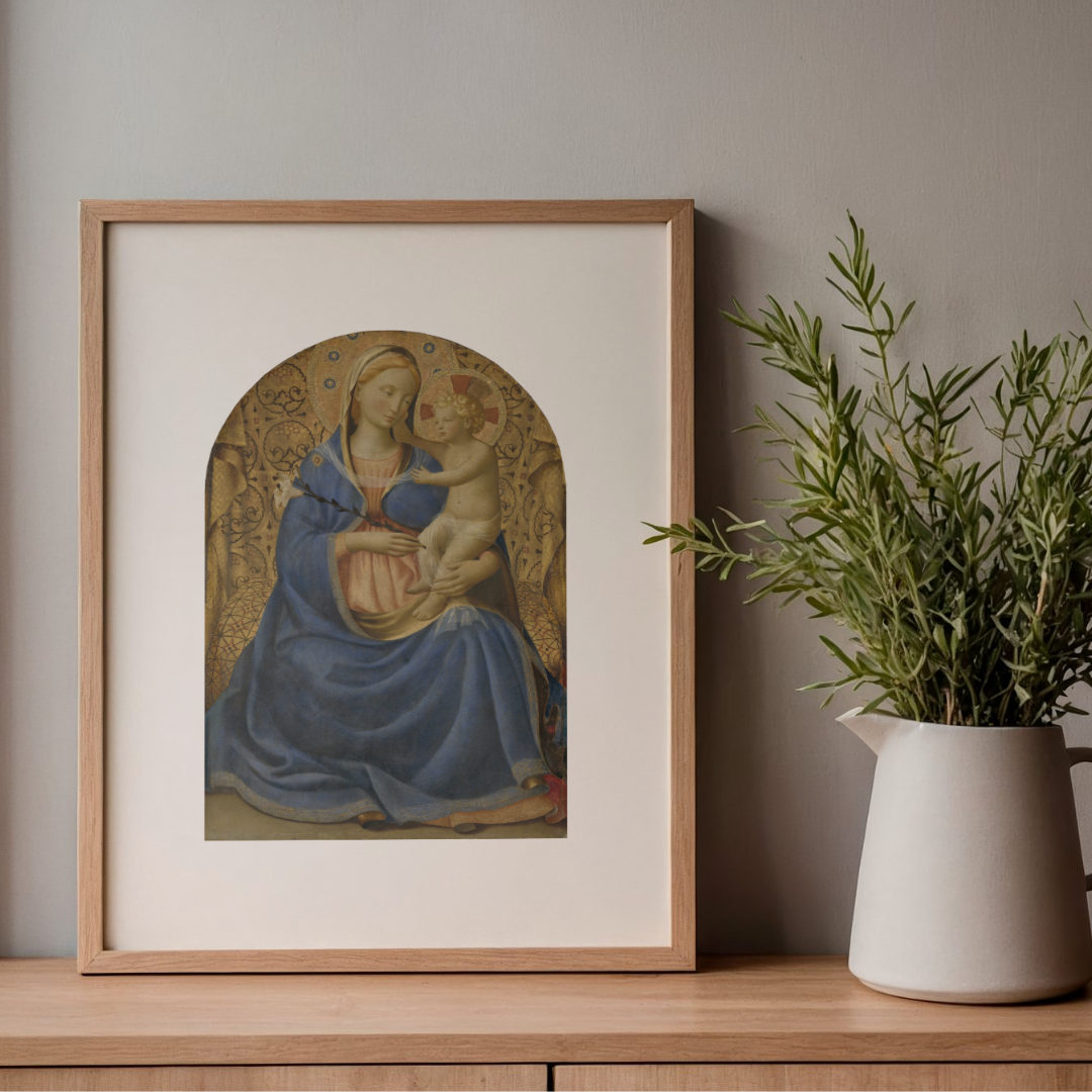 Framed Catholic wall art of Madonna of Humility by Fra Angelico showing the Virgin Mary holding the Christ Child, Renaissance sacred art print for home decor or prayer space