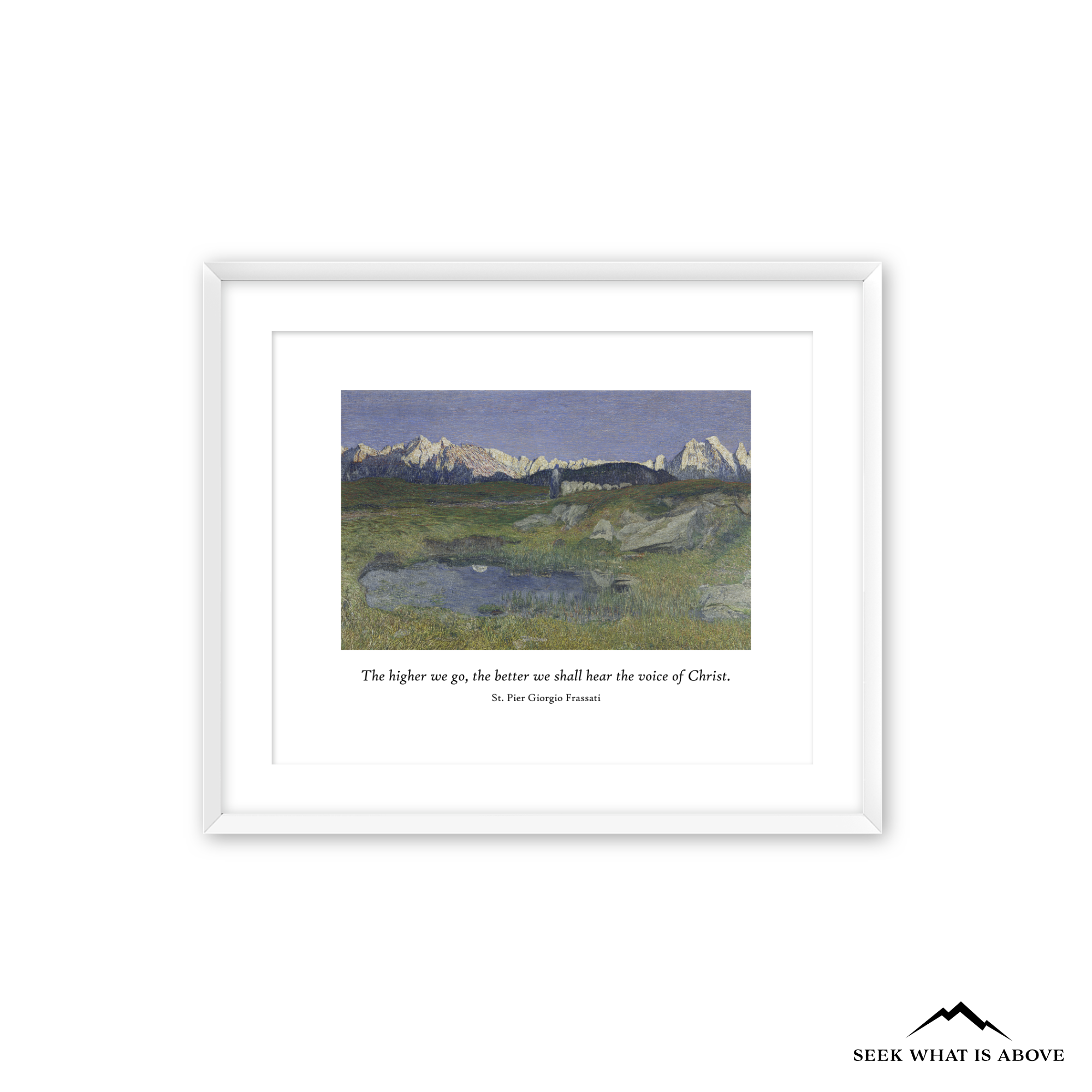 Catholic wall art featuring Saint Pier Giorgio Frassati quote with mountain landscape fine art print