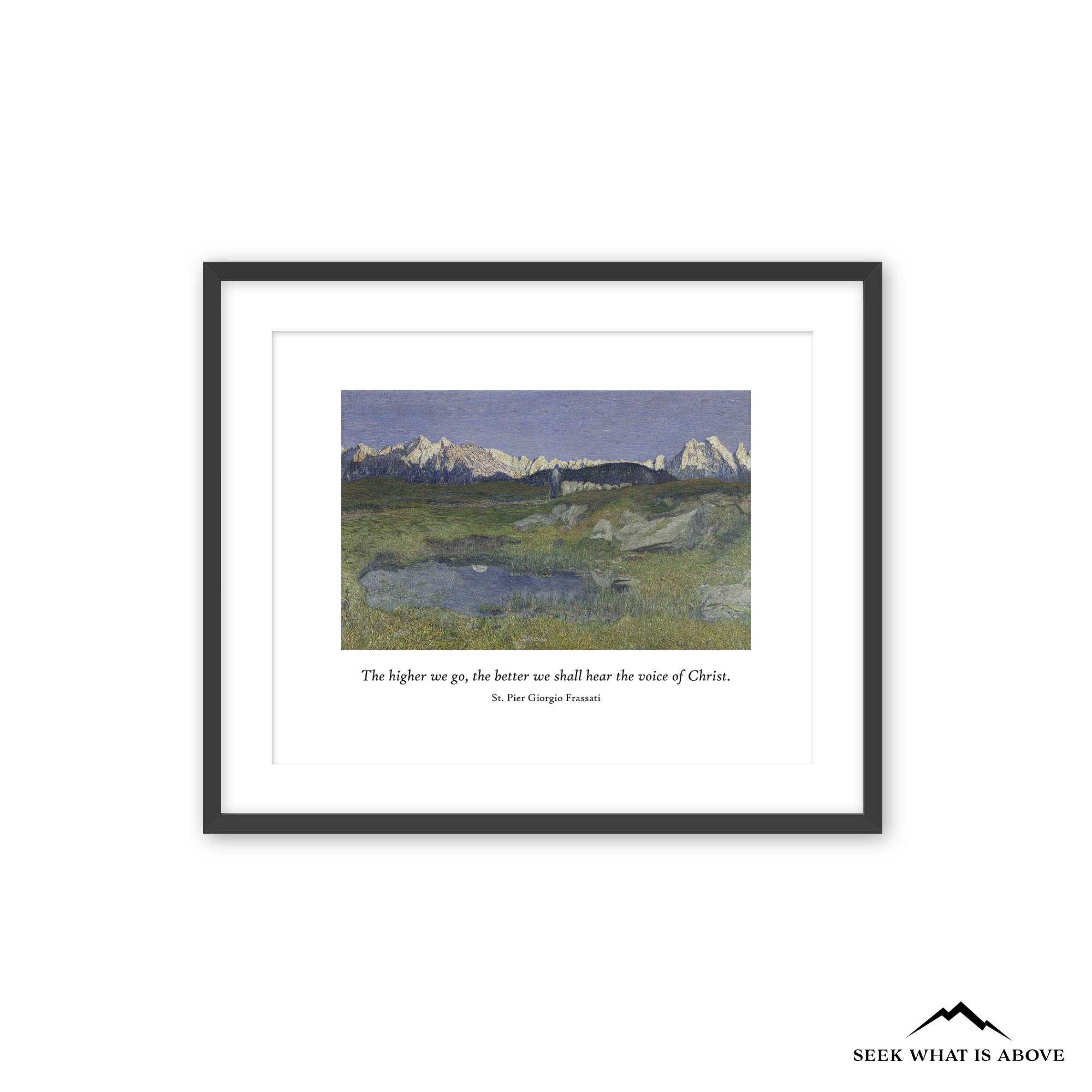 Catholic wall art featuring Saint Pier Giorgio Frassati quote with mountain landscape fine art print