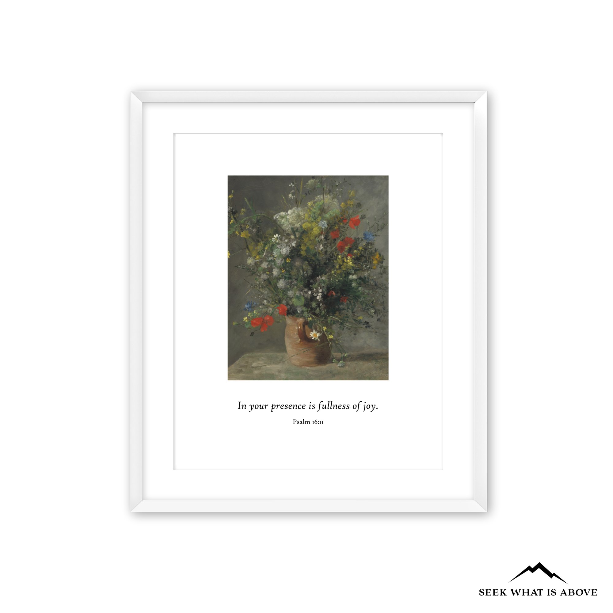 Framed Christian wall art featuring Psalm 16:11 “In your presence is fullness of joy” with classical floral still-life painting, Scripture fine art print for home decor