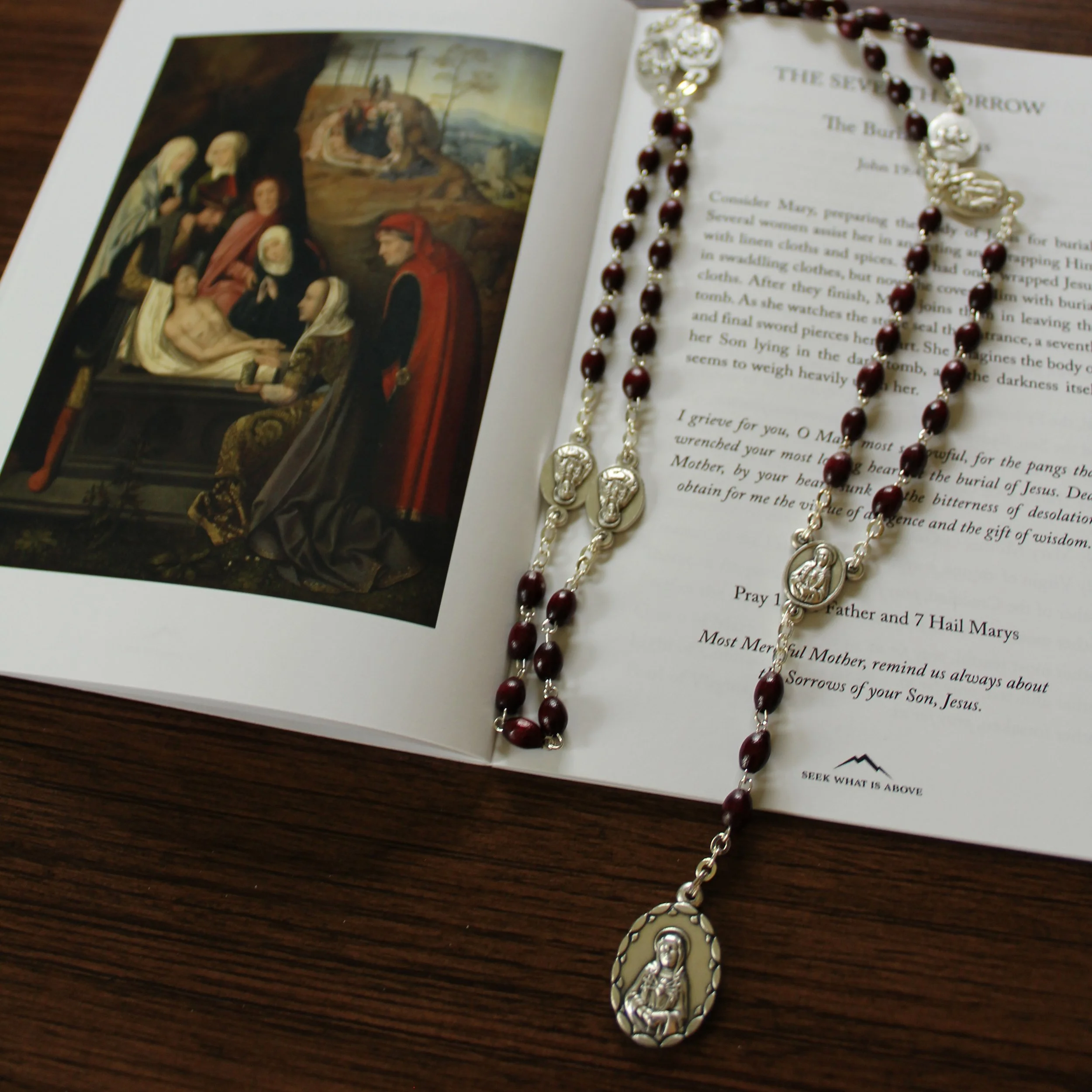 The Seven Sorrows Rosary Booklet with Wooden Seven Sorrows Rosary beads