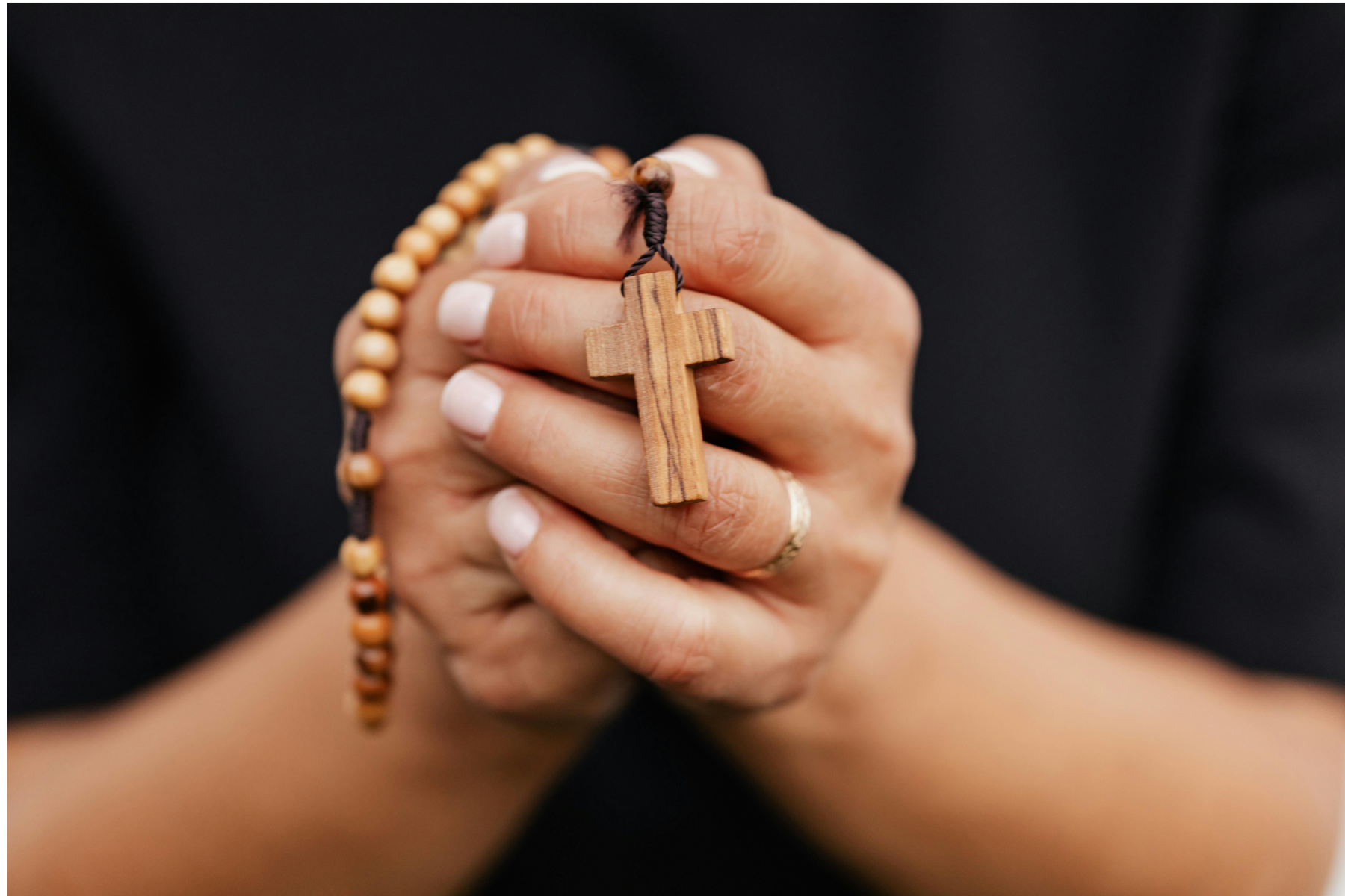 Folded Praying Hands Holding Wooden Rosary