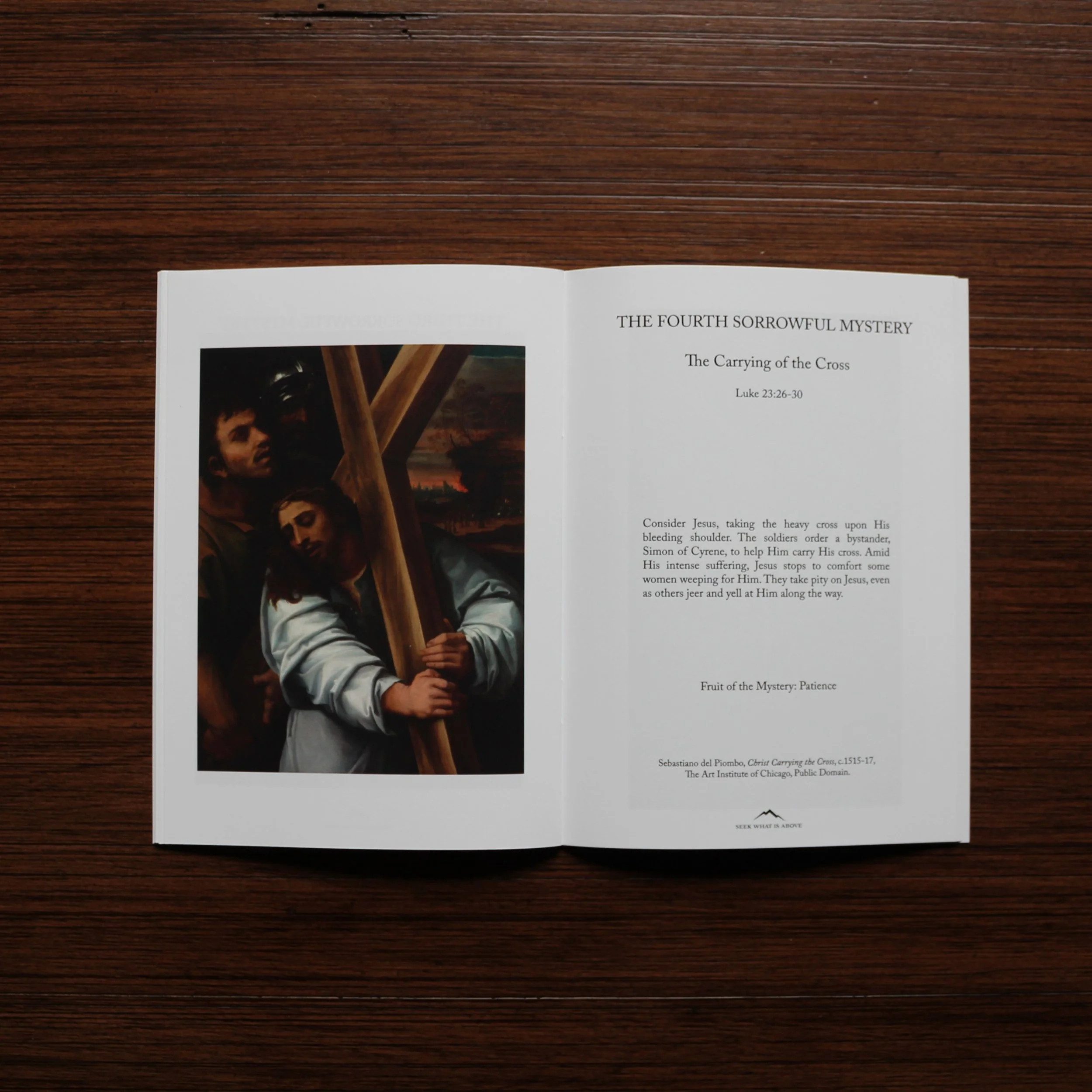 Catholic Rosary book featuring Carrying of the Cross sacred art and Sorrowful Mystery meditation