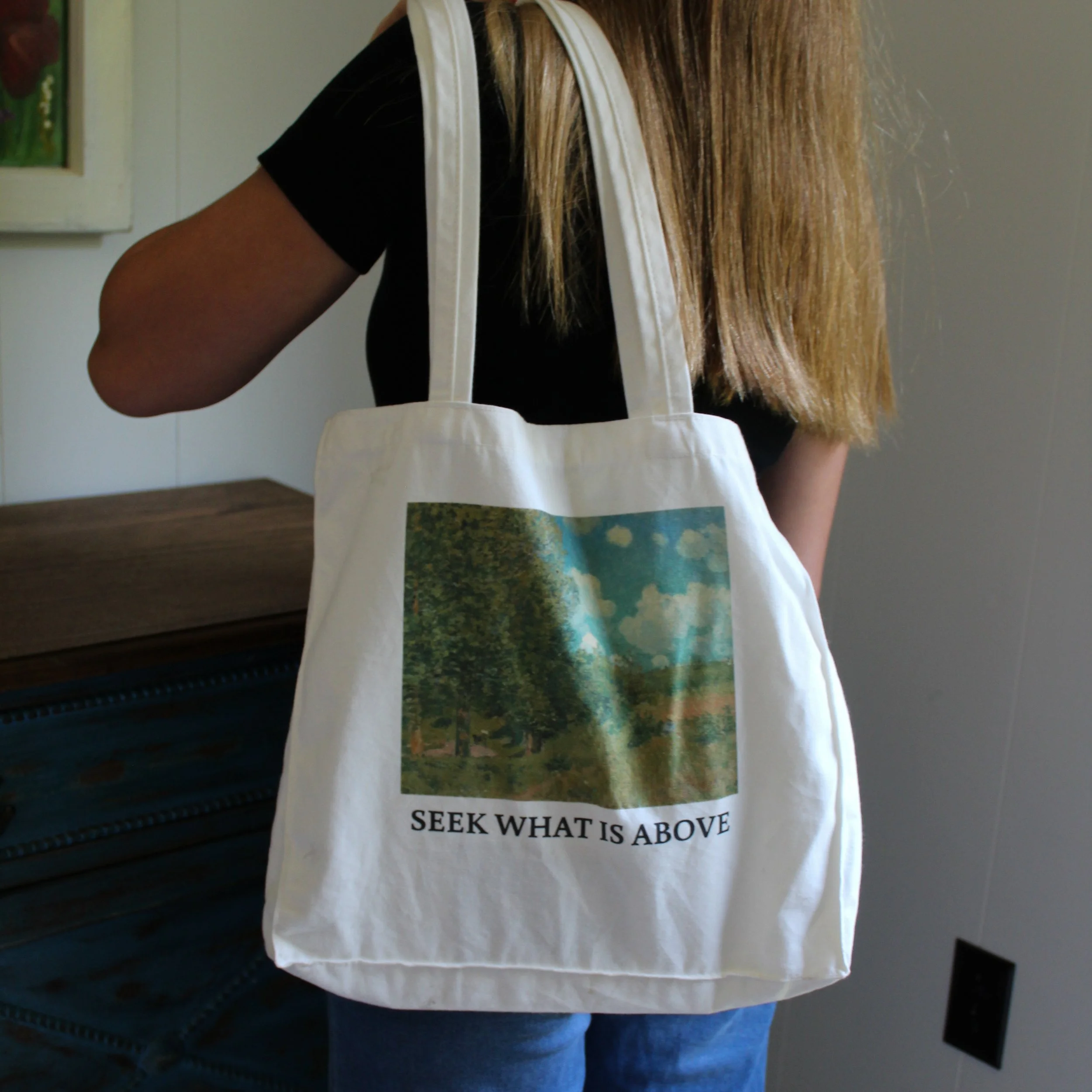 Christian tote bag with "Seek What Is Above" Scripture verse