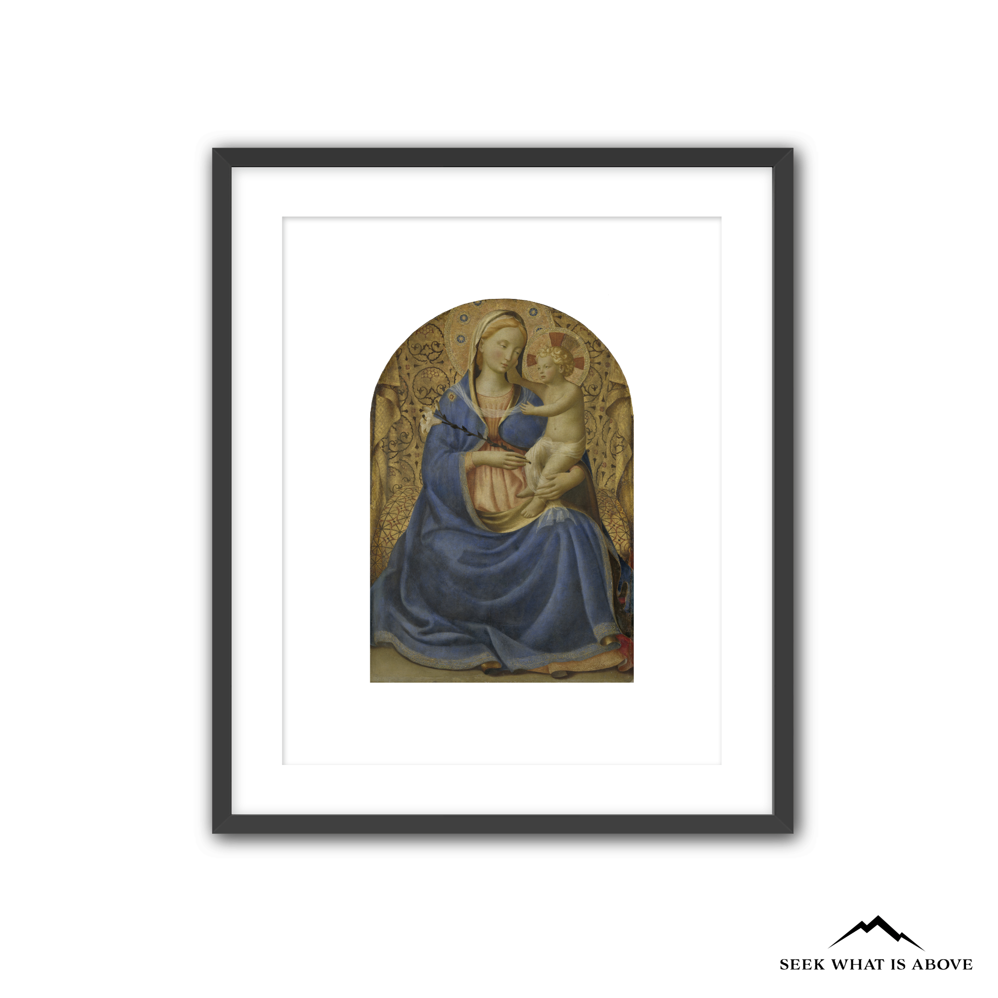 Framed Catholic wall art of Madonna of Humility by Fra Angelico showing the Virgin Mary holding the Christ Child, Renaissance sacred art print for home decor or prayer space