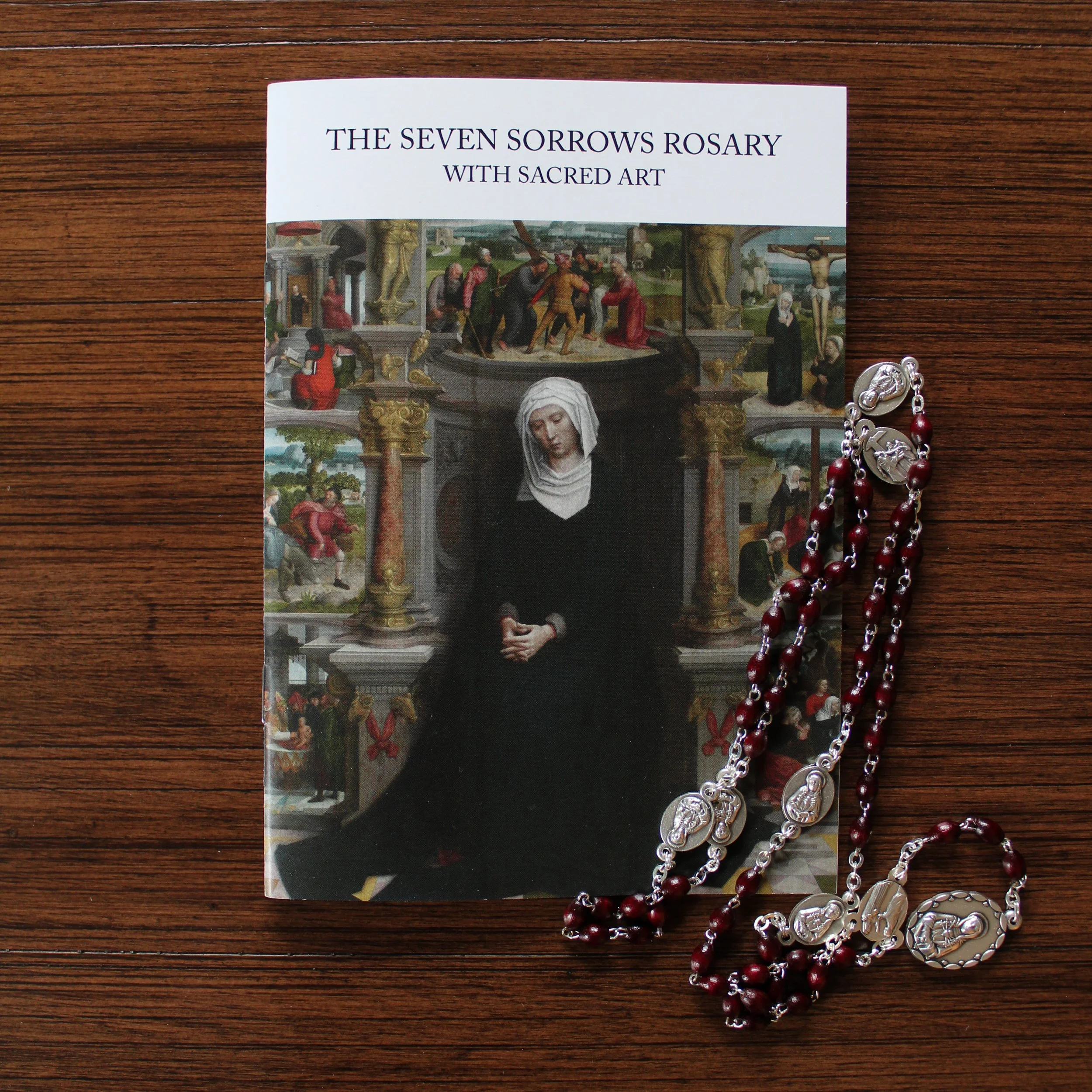 The Seven Sorrows Rosary with Sacred Art with wooden Seven Sorrows Rosary beads