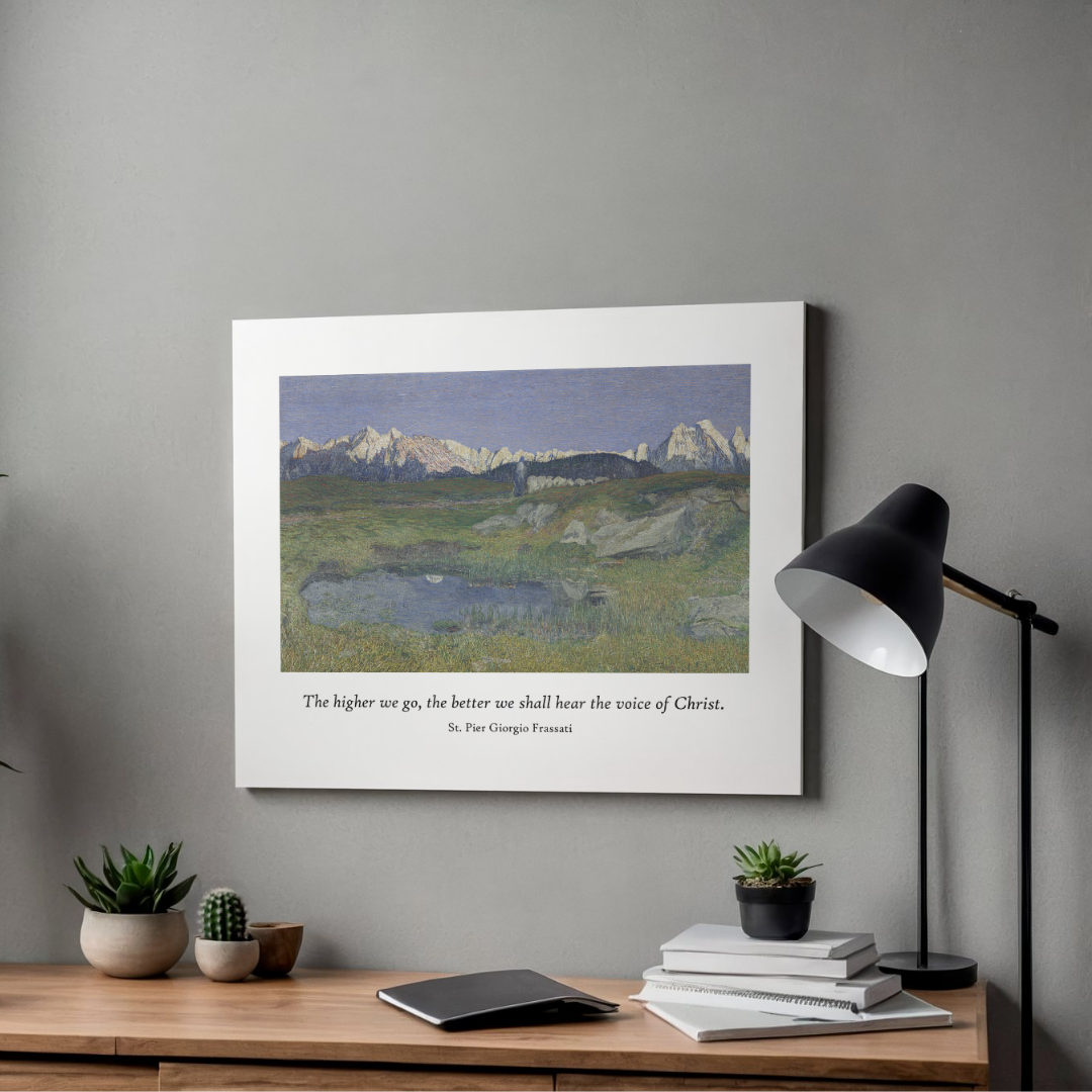 Catholic wall art featuring Saint Pier Giorgio Frassati quote with mountain landscape fine art print