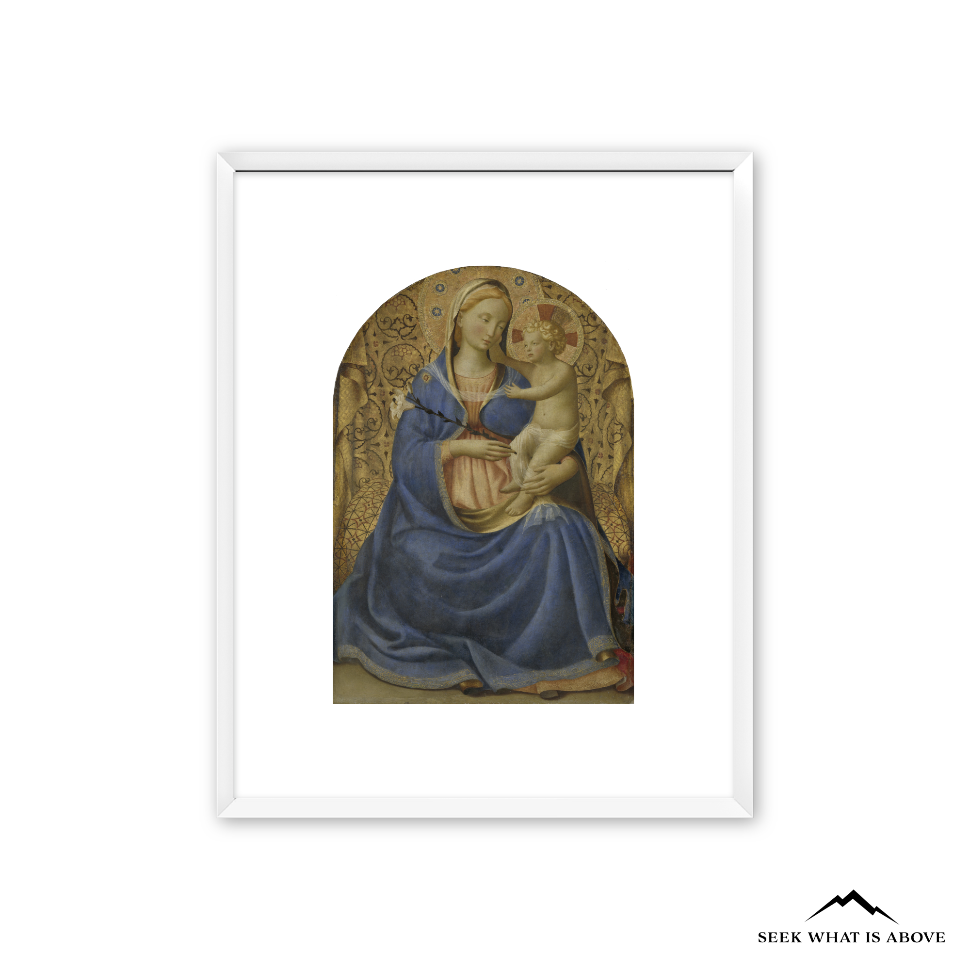 Framed Catholic wall art of Madonna of Humility by Fra Angelico showing the Virgin Mary holding the Christ Child, Renaissance sacred art print for home decor or prayer space