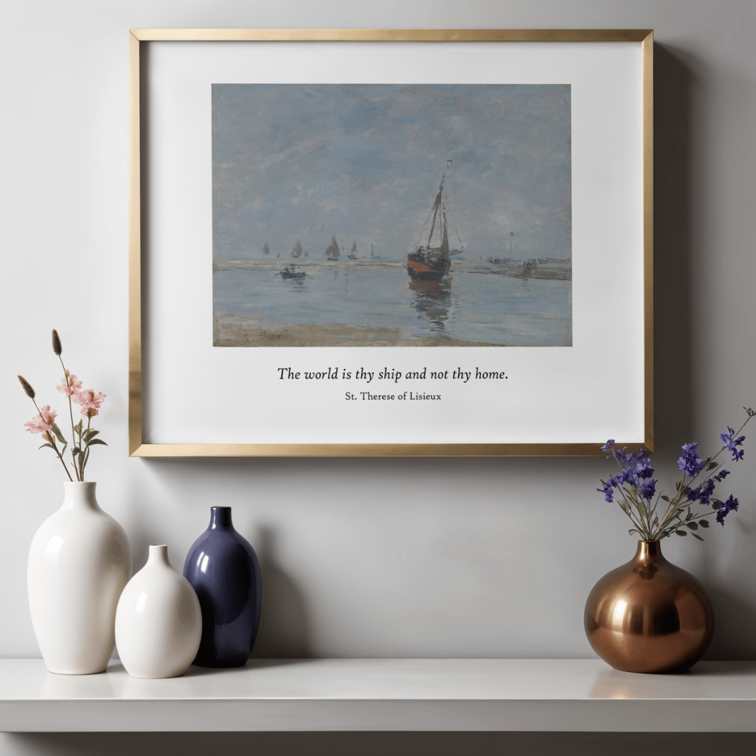 Framed Catholic wall art featuring the quote “The world is thy ship and not thy home” by Thérèse of Lisieux with a serene seascape painting, inspirational Catholic home decor
