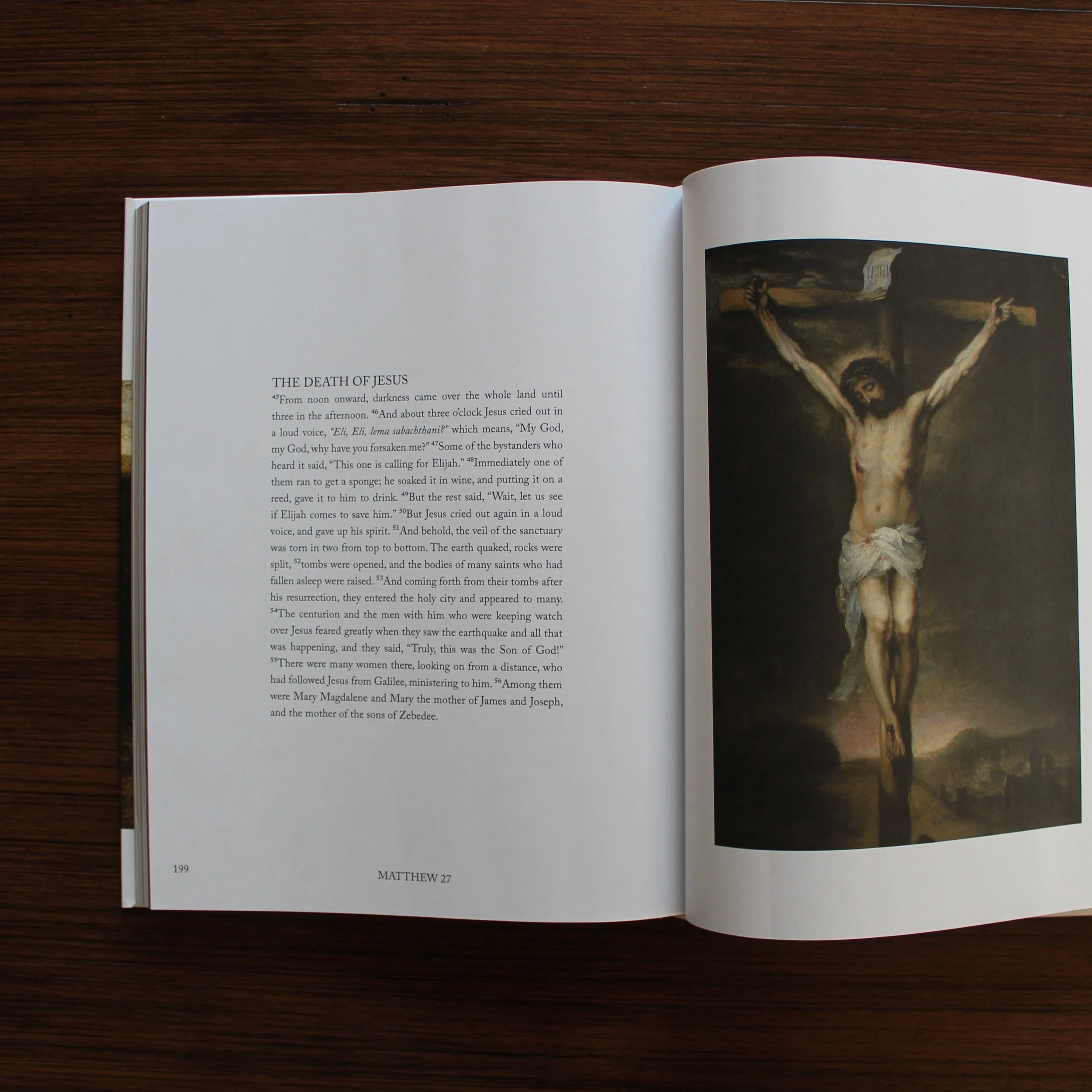 The Gospel with Sacred Art featuring a painting and Scripture of the Crucifixion