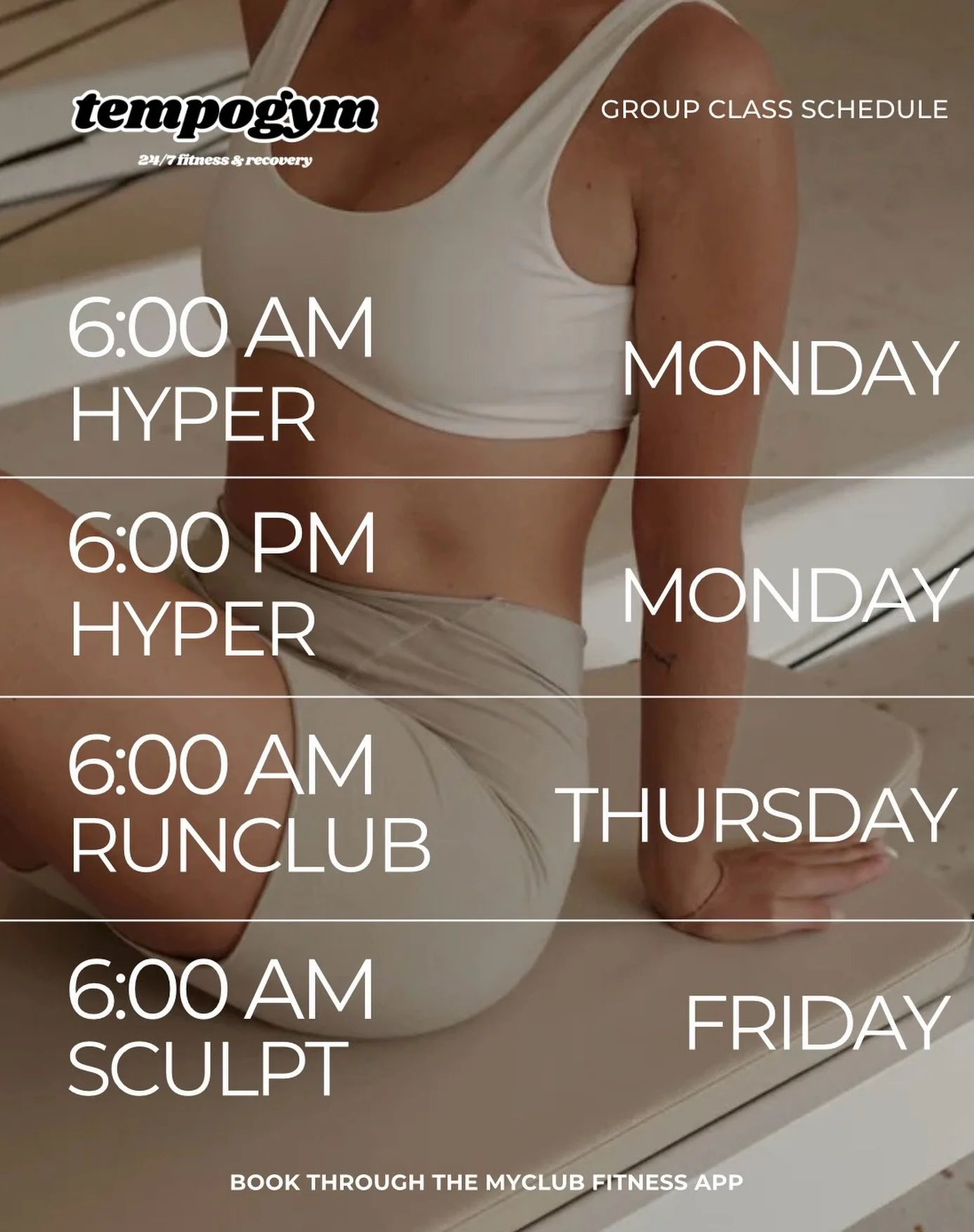 Our group classes are built to help you get stronger, fitter and more consistent &mdash; whether you&rsquo;re chasing muscle, endurance or just a solid start to your day.

✨ MONDAY
6:00AM HYPER
6:00PM HYPER

✨ THURSDAY
6:00AM RUN CLUB

✨ FRIDAY
6:00A