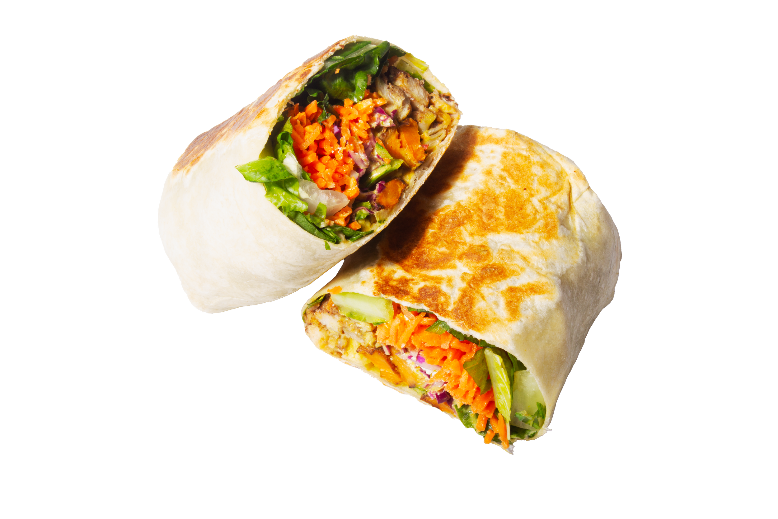 Two veggie wraps filled with assorted vegetables, greens, and toppings, wrapped in white flatbread.
