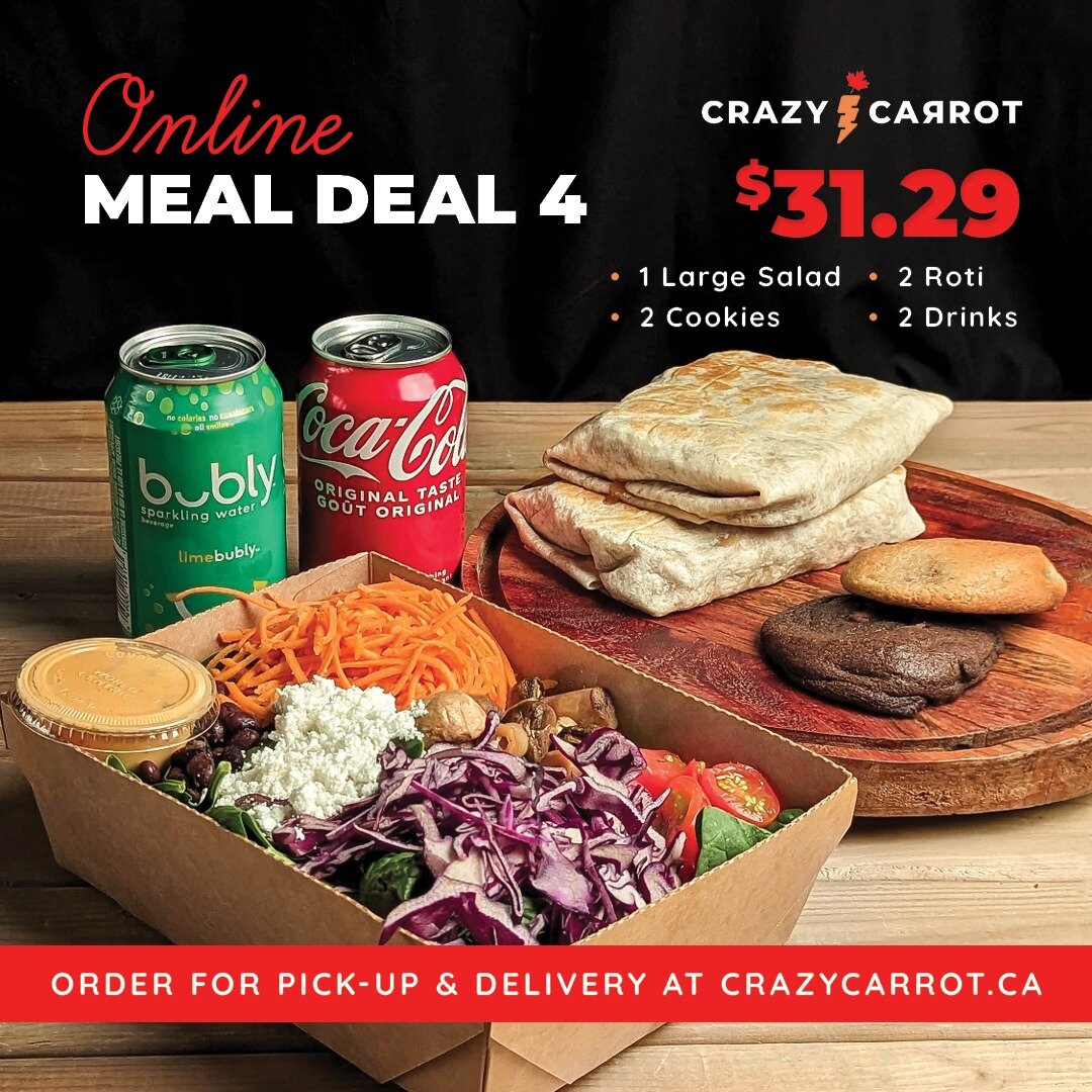 Add this to the hundreds of reasons why you should order Crazy Carrot online: We have Meal Deals, exclusively available on our website and the Crazy Carrot App!

Featured ✨ Meal Deal #4. Comes with 2 roti, 1 large salad, 2 cookies, and 2 retail drink