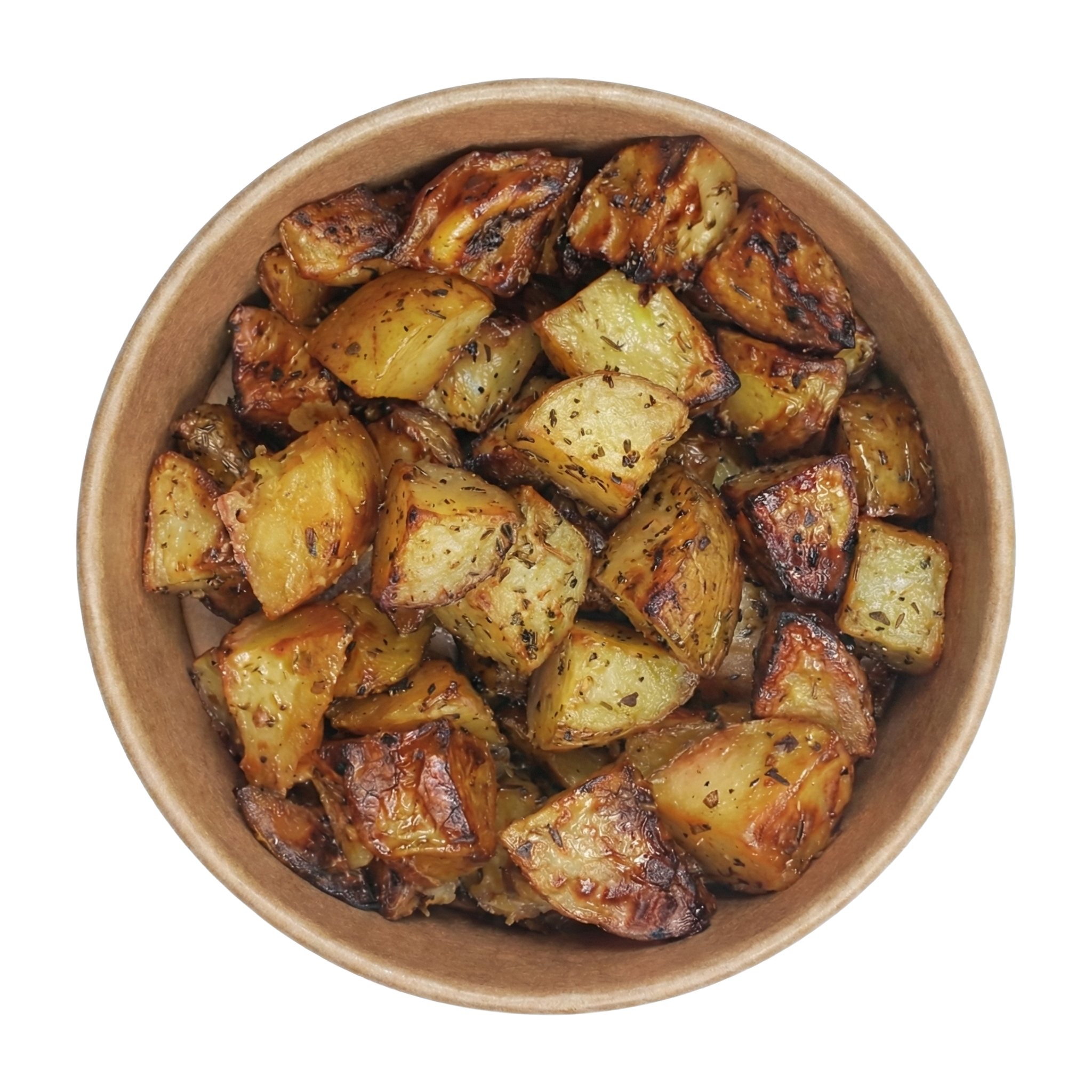 Roasted potato chunks with a side of green dipping sauce in a small container, inside a cardboard box.