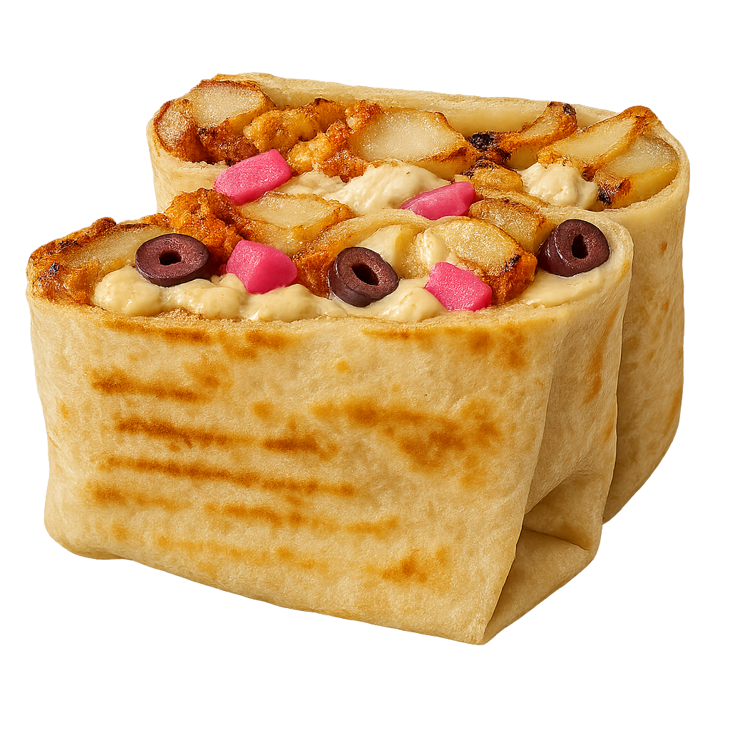 Burrito with grilled chicken, cheese, and vegetables in a tortilla wrap.