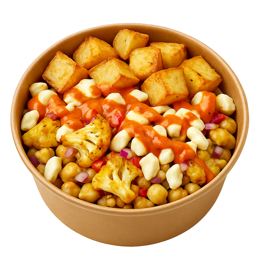 Baked potato poutine with cauliflower, carrots, and onions topped with tomato sauce, in a square box.